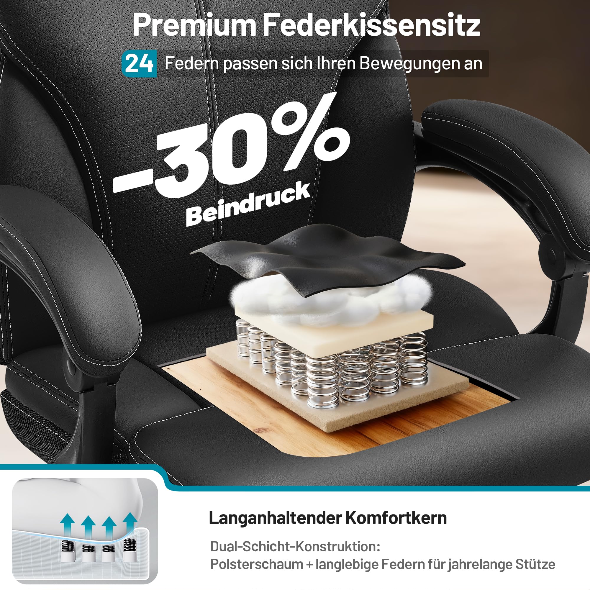 Ergonomischer Chefsessel mit Fußstütze bis 180 kg, Schwarz | Kunstlederbezug, verstellbare Armlehnen, hohe Rückenlehne, Liegefunktion, ideal für Büro & Homeoffice