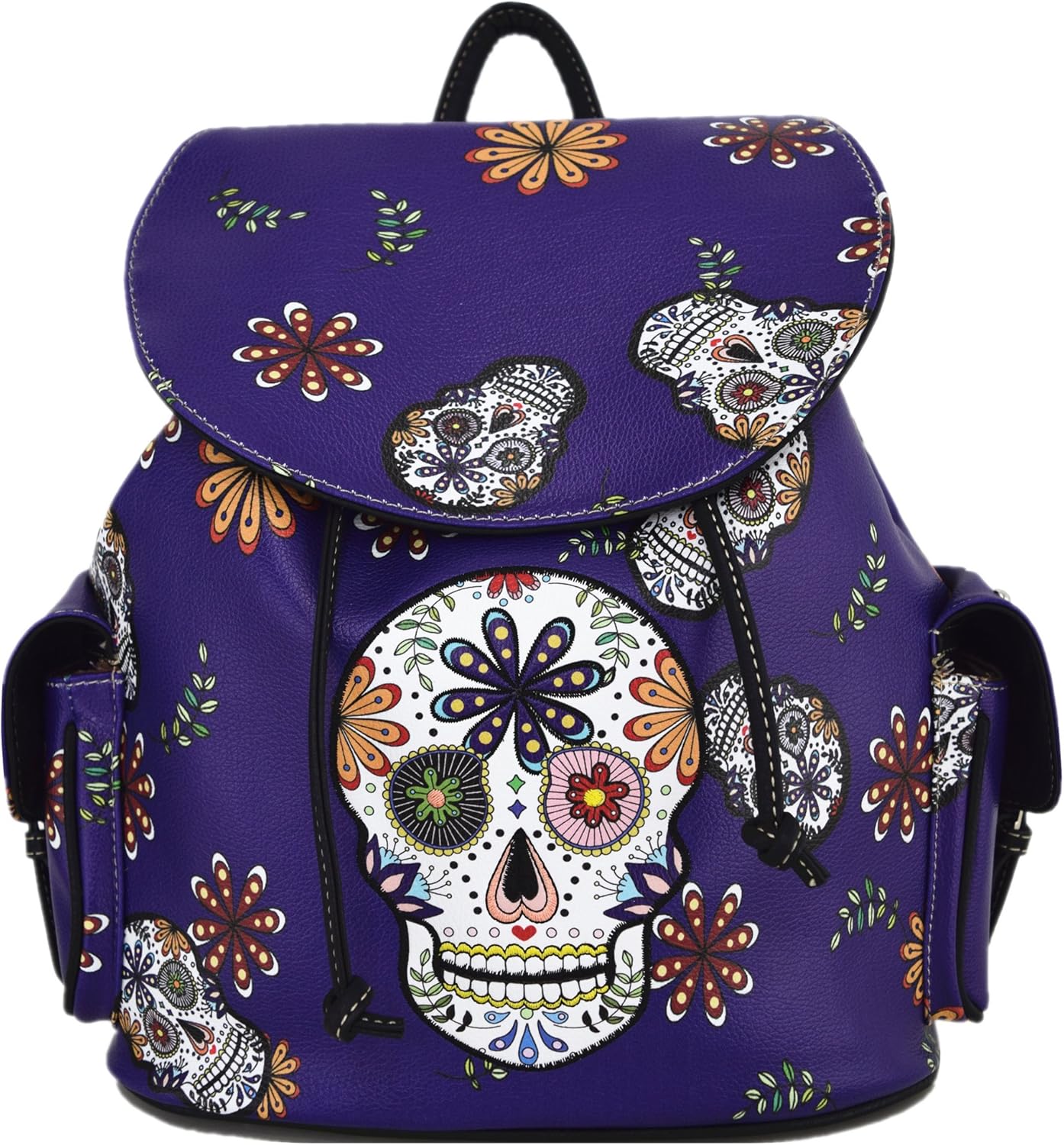 Sugar Skull Day of the Dead Backpack Purse Set ,Vegan Leather Skull Handbag with Matching Wallet,Gothic Punk Rose Design for Women,Mini Backpack and Crossbody Wristlet for Party Travel Biker Daily Use