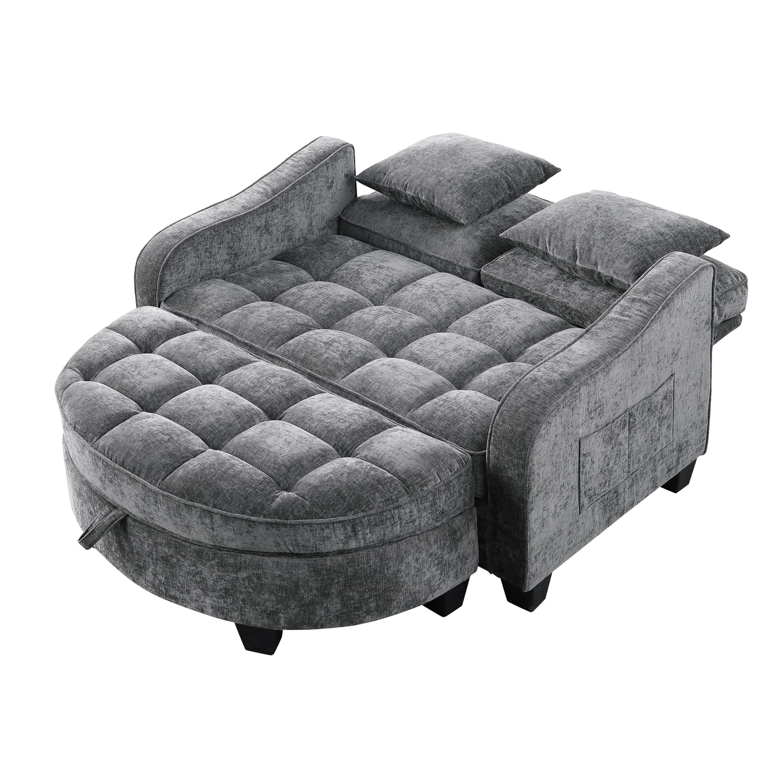 Sofá con función de dormir, sofá pequeño, chaise longue, sofá cama 2 en 1, taburete de almacenamiento y 4 cojines, para sala de estar, estudio, dormitorio, 132 × 129 × 93 cm (gris oscuro)