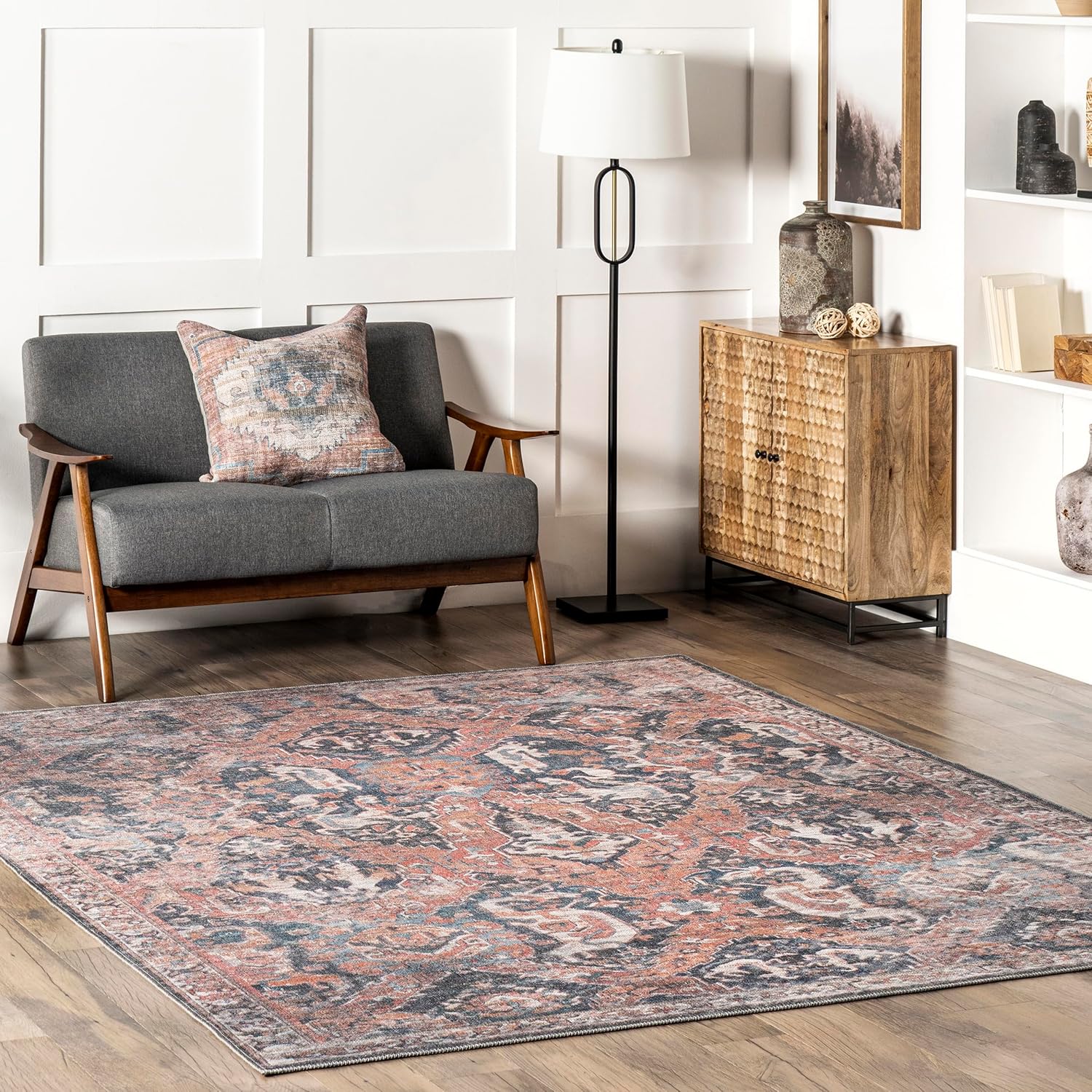 nuLOOM Maple Machine Washable Floral Medallion Area Rug, 5x8, Rust
