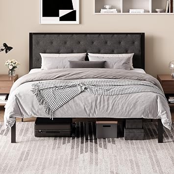 SHA CERLIN King Size Metal Bed Frame with Linen Tufted Headboard, Dark Gray