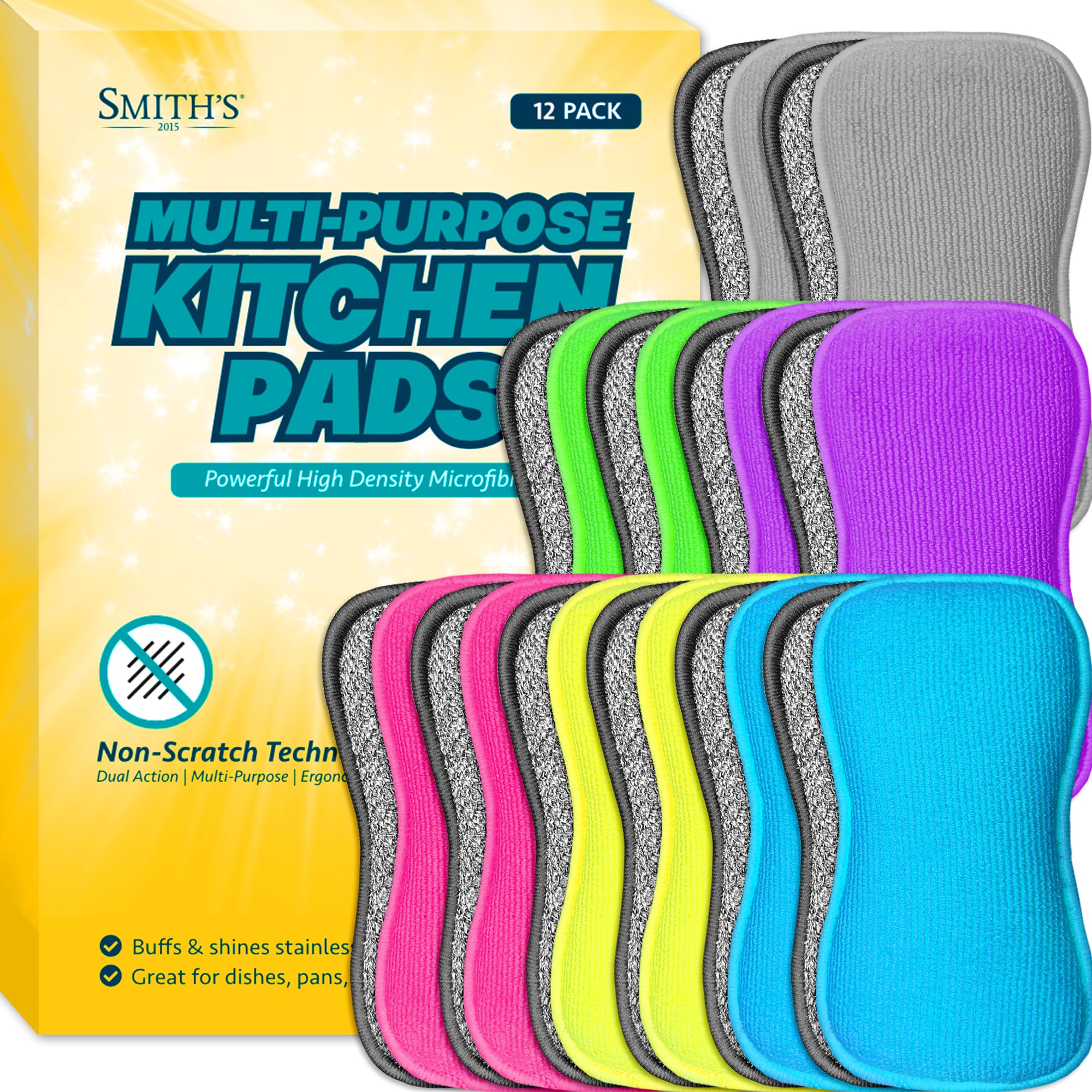 Multi-Purpose Kitchen Pads by Smith’s® | 12 Pack | Washing Up Dishes & Multi-Surface Scrub Sponges | Kitchen & Home | Non-Scratch | Durable | Chemical Free