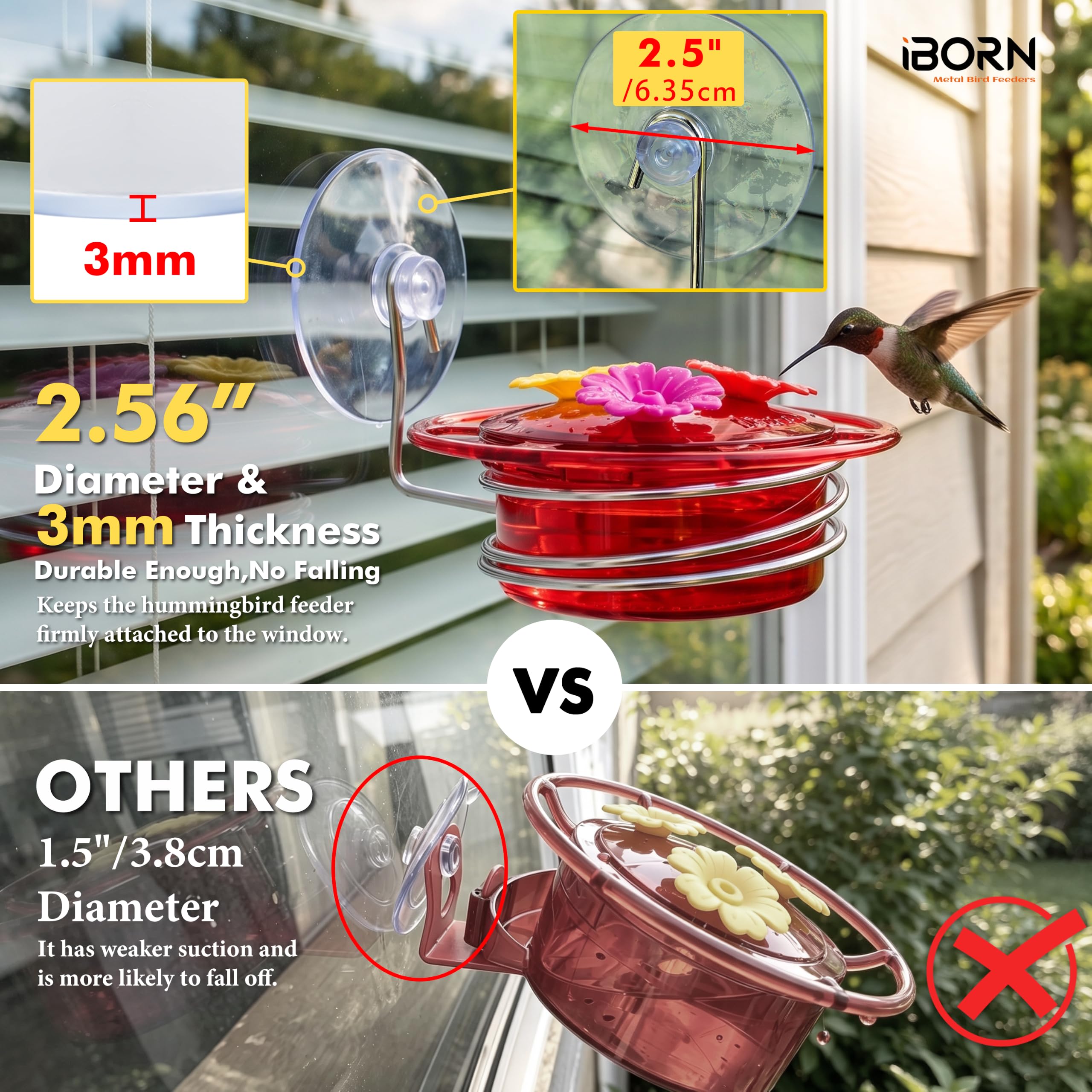 iBorn Mangiatoia per colibrì da finestra, mini mangiatoia per colibrì per esterni, 85 g, con forte ventosa, 3 porte di alimentazione e base in acciaio inossidabile, set da 3