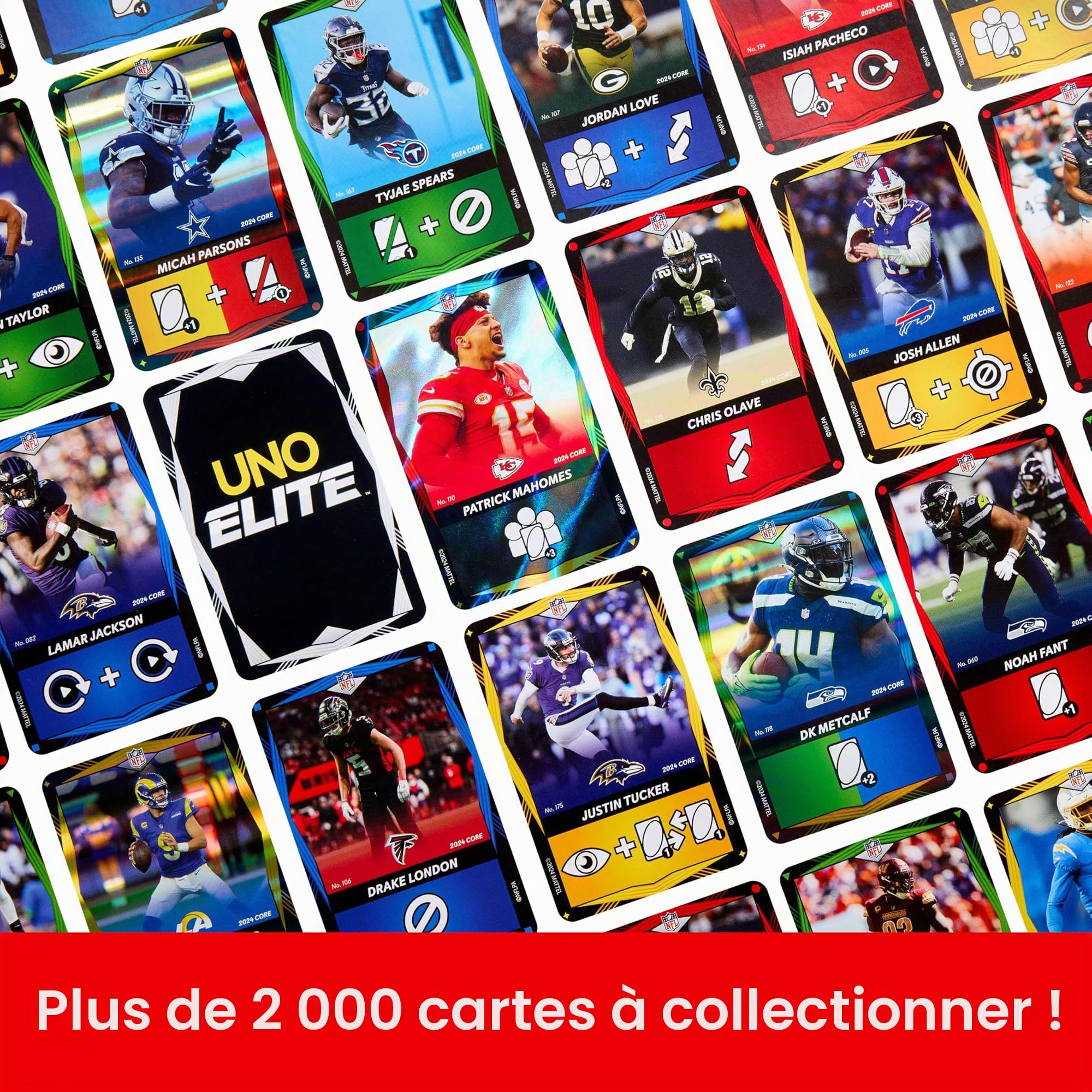 Mattel Games UNO Elite NFL Jeu de cartes, édition 2024 sous licence officielle Core avec 4 cartes à collectionner avec joueurs d'équipe