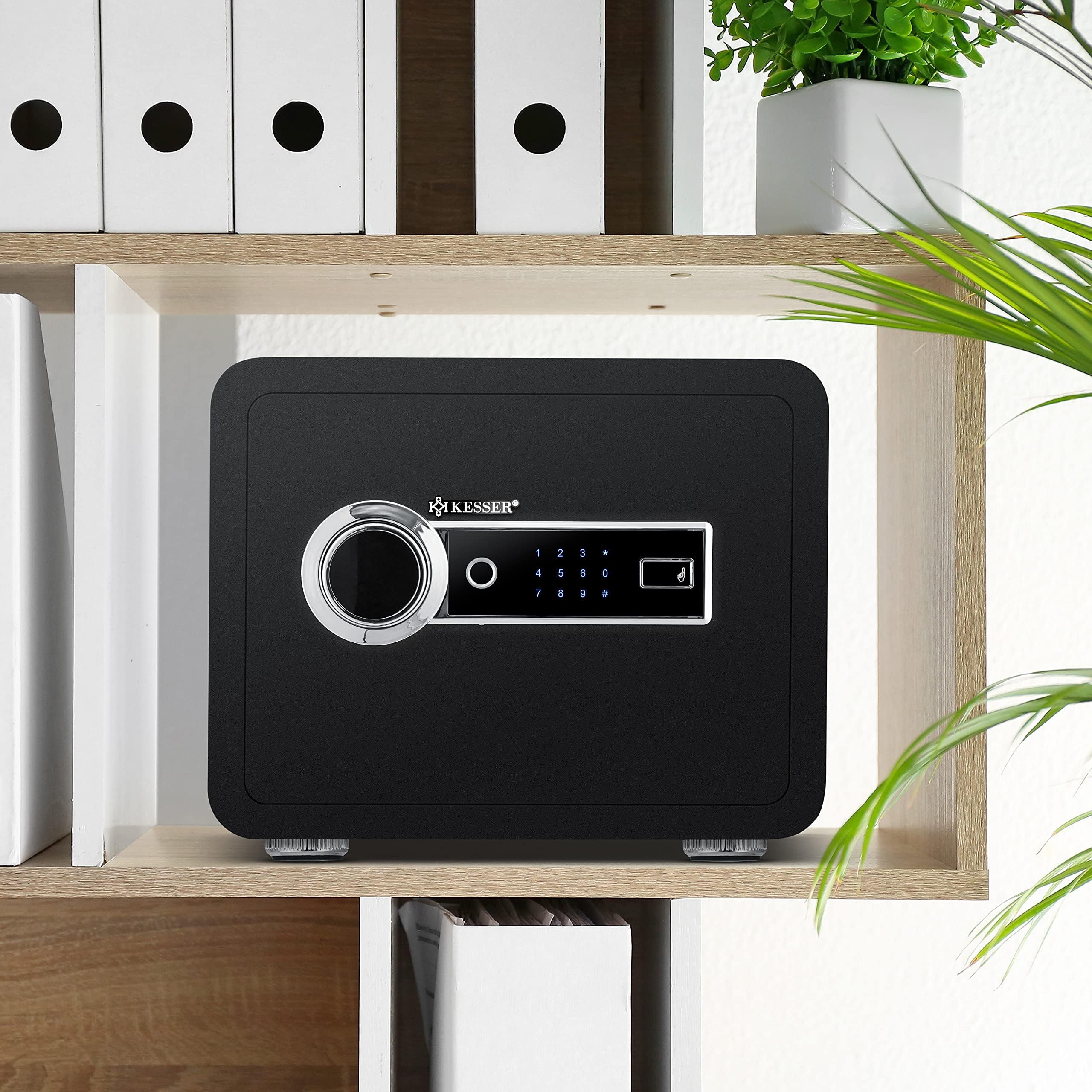 KESSER® Coffre-fort électrique avec empreinte digitale | 38x30x30cm | Boîte à piles incluse | Coffre-fort électronique 3x double verrouillage à boulons - Noir - L