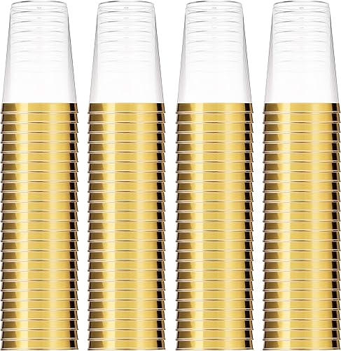 Miniatura 8 de Munfix 100 vasos de plástico dorados de 14 onzas, vasos transparentes con borde dorado, elegantes vasos desechables para boda, fiesta, con borde