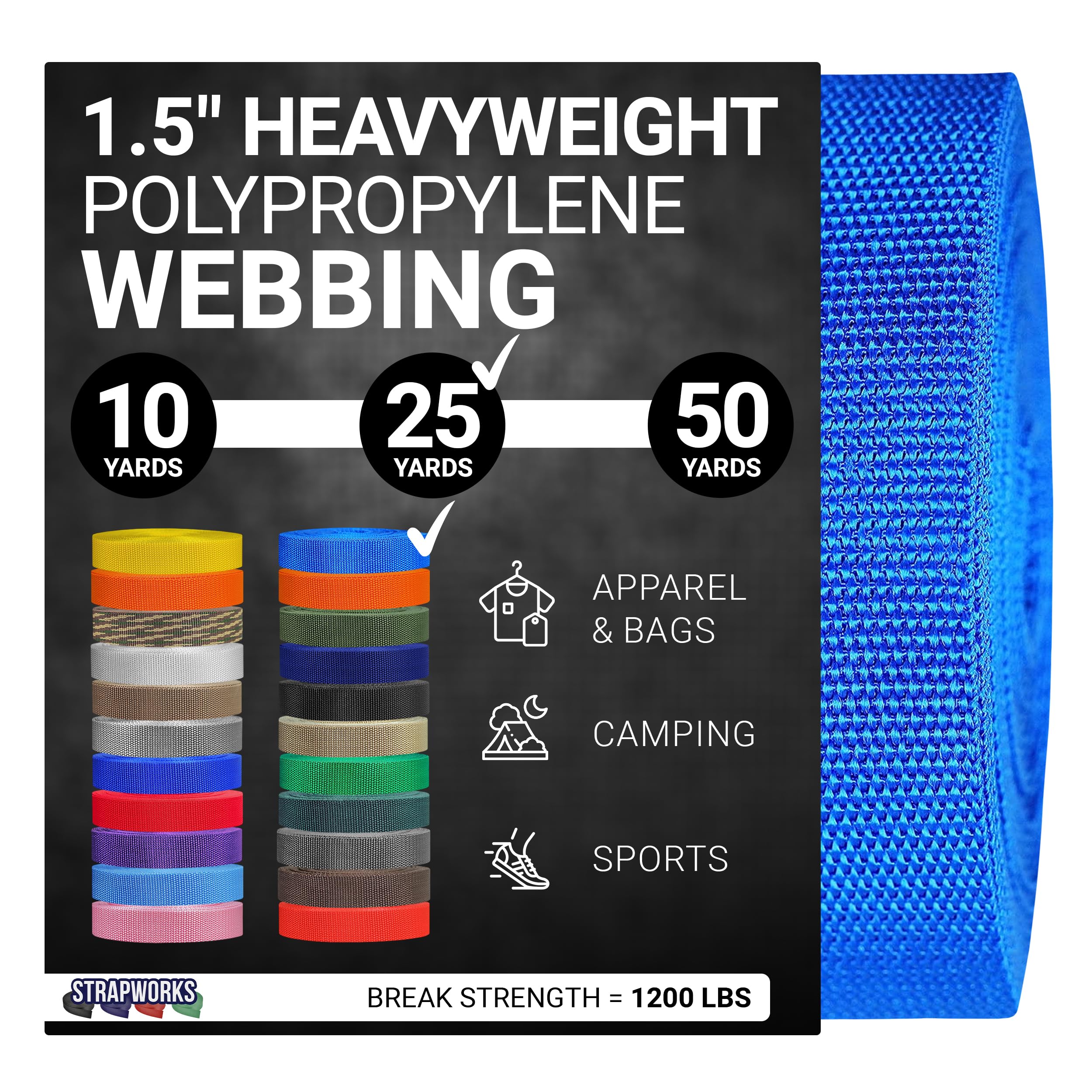 Strapworks Heavyweight Polypropylene Webbing - Heavy Duty Poly Strapping for Outdoor DIY Gear Repair, 1.5 Inches