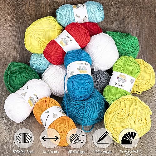 Miniatura 4 de Kit de hilo de ganchillo, artesanías 12 madejas de hilo acrílico para ganchillo y tejer, 1312 yardas de hilo DK Craft con 41 ganchillo Set  Kit