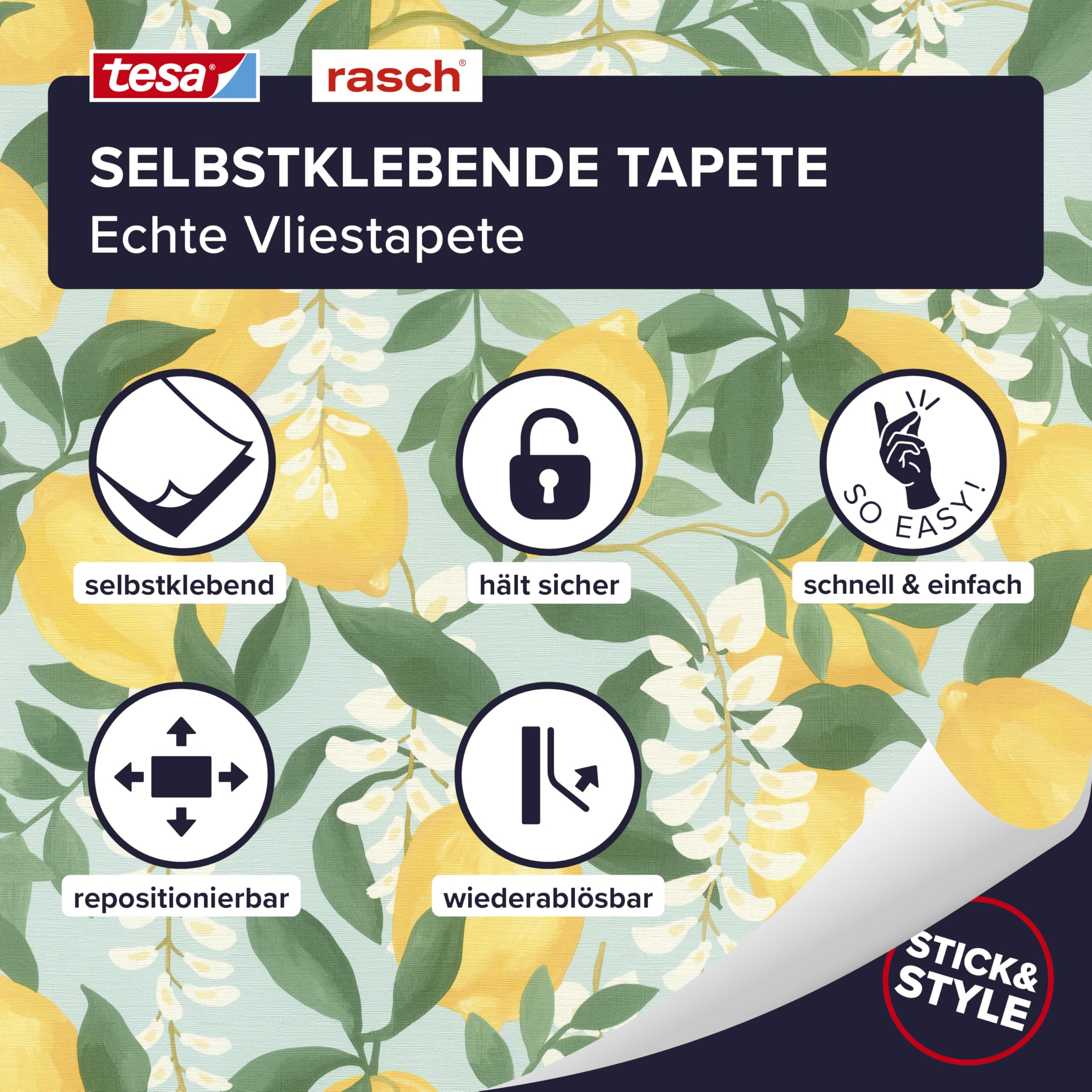 Rasch Papel pintado autoadhesivo de limón Portofino, papel pintado texturizado mediterráneo en amarillo, verde y blanco, fácil de colocar sin pegamento con tecnología adhesiva Tesa, 6,00 m x 0,53 m