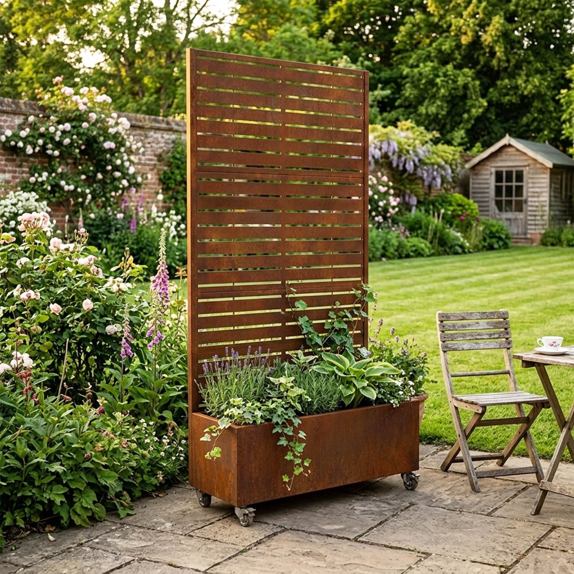 Nicoman Metal Privacy Screen Planter Box with Trellis on Wheels, Rust | Built-in Planter, Mobile Caster Wheels, Slatted Trellis Panel, Patio & Garden Use, 90x180 cm