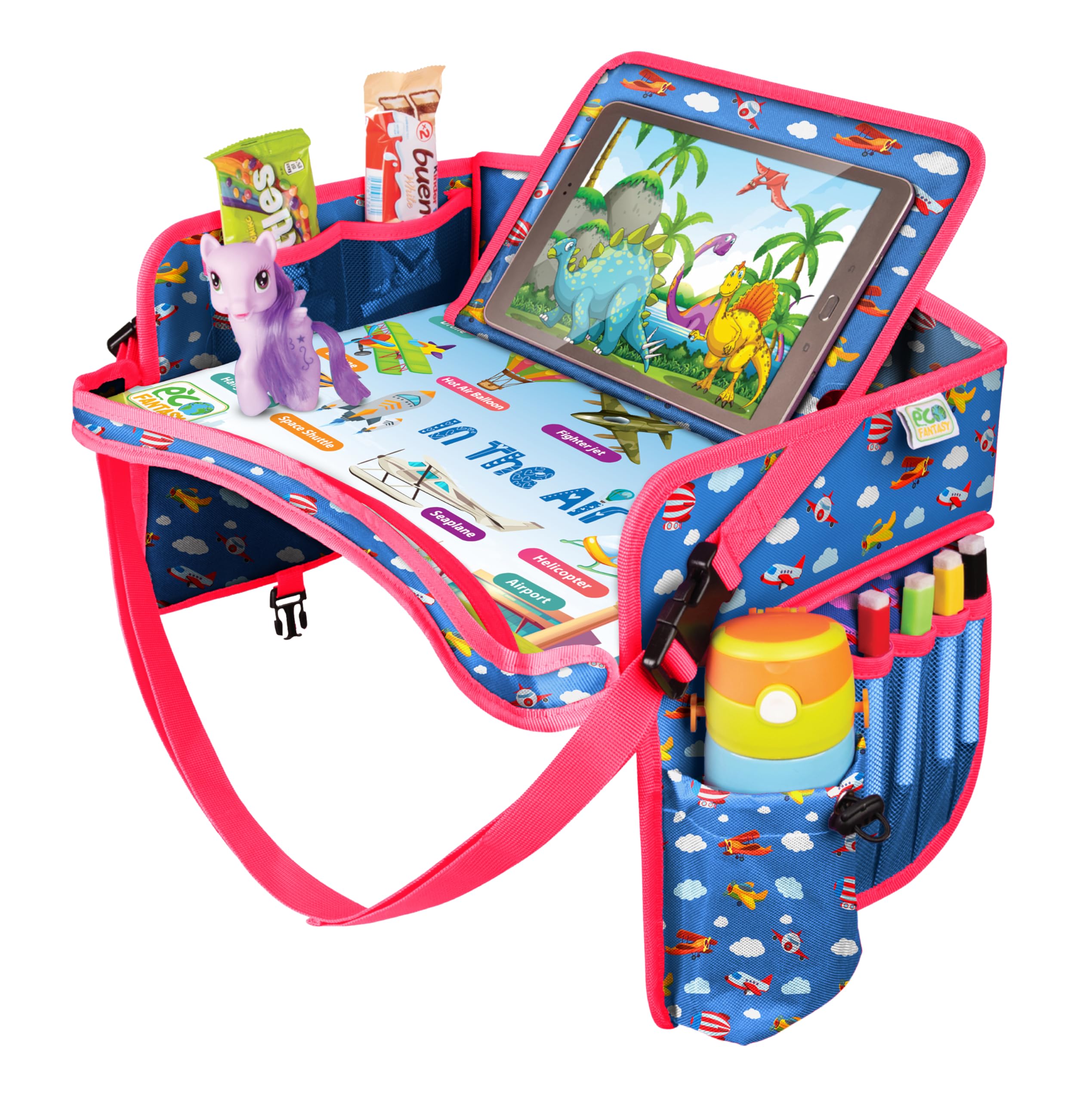 EcoFantasy Reisetisch Auto Kinder mit Tablet-Halter, abwischbar – Flugzeuge