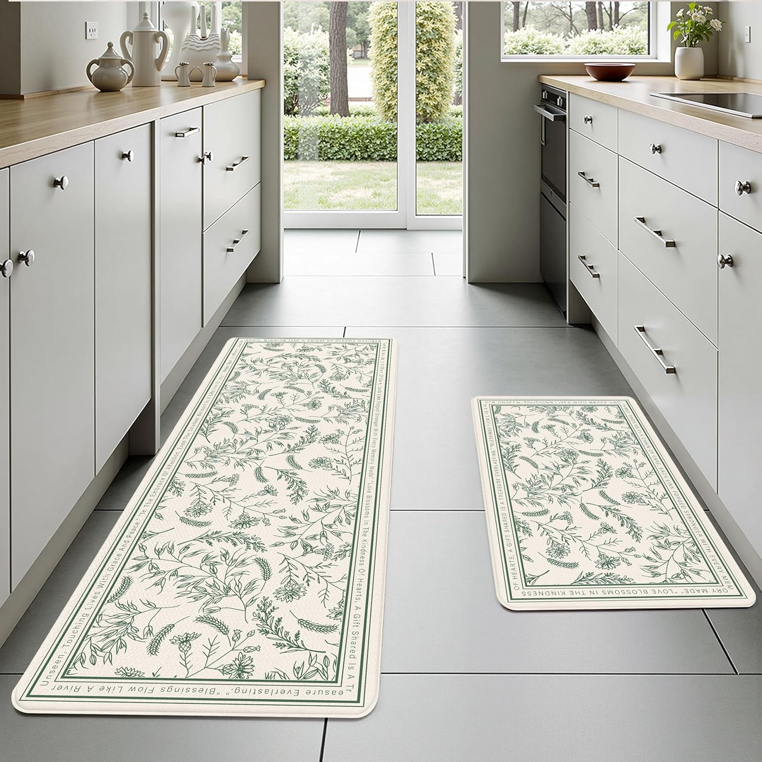 Beige Minimalist Green Line Art Herb Leaves Kitchen Rug Sets [2 PCs], Anti-Fatigue, Waterproof Non-Slip Kitchen Mats Heavy Duty Comfort Foam Rug for Kitchen, Floor, Laundry,17"x29"+17"x47"