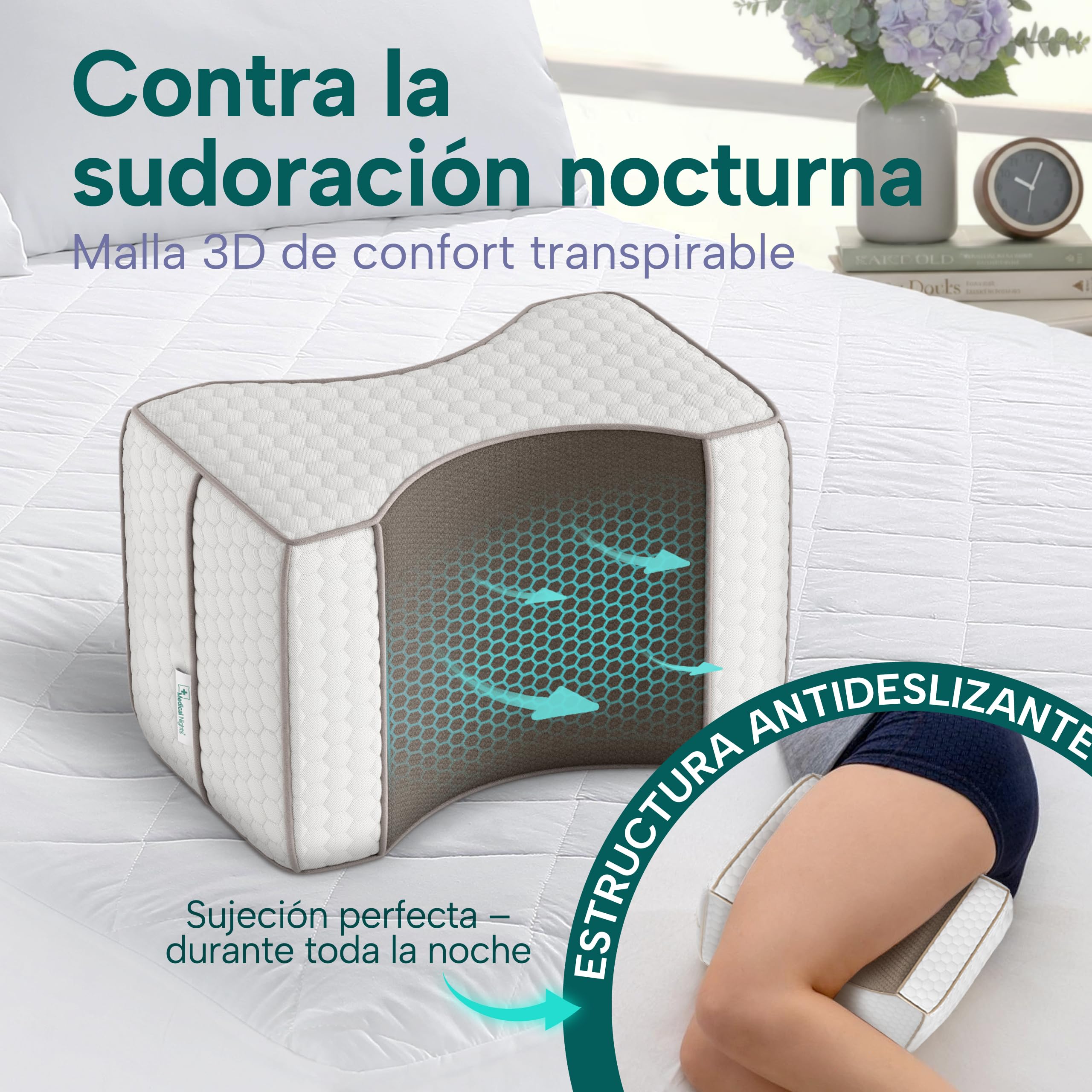 Almohada ortopédica para piernas para dormir de lado, para aliviar la cadera, la espalda y las rodillas, almohada ergonómica de espuma viscoelástica con diseño antideslizante.
