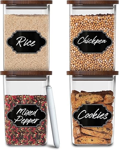 Essos Tarros cuadrados de vidrio con tapas de madera, juego de 4 recipientes de almacenamiento herméticos y apilables de 36 onzas líquidas para