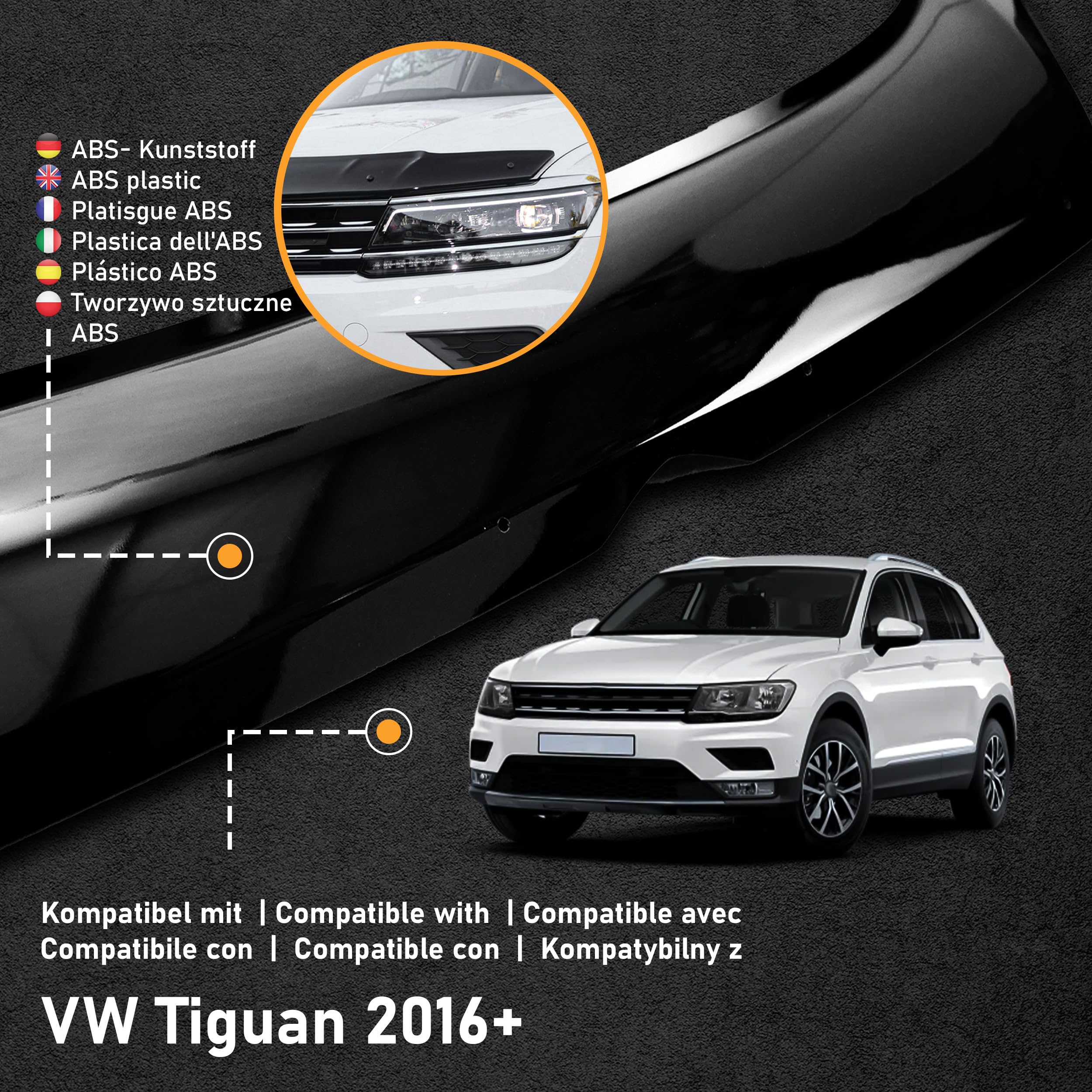 CHROMEMASTER | Auto Zubehör; Steinschlagschutz; Motorhaubenabdeckung Kompatibel mit VW Tiguan ab Bj. 2016 | Schwarzer ABS-Kunststoff | Motorhaubenschutz Deflektor Schützt die Motorhaube vor Steinen