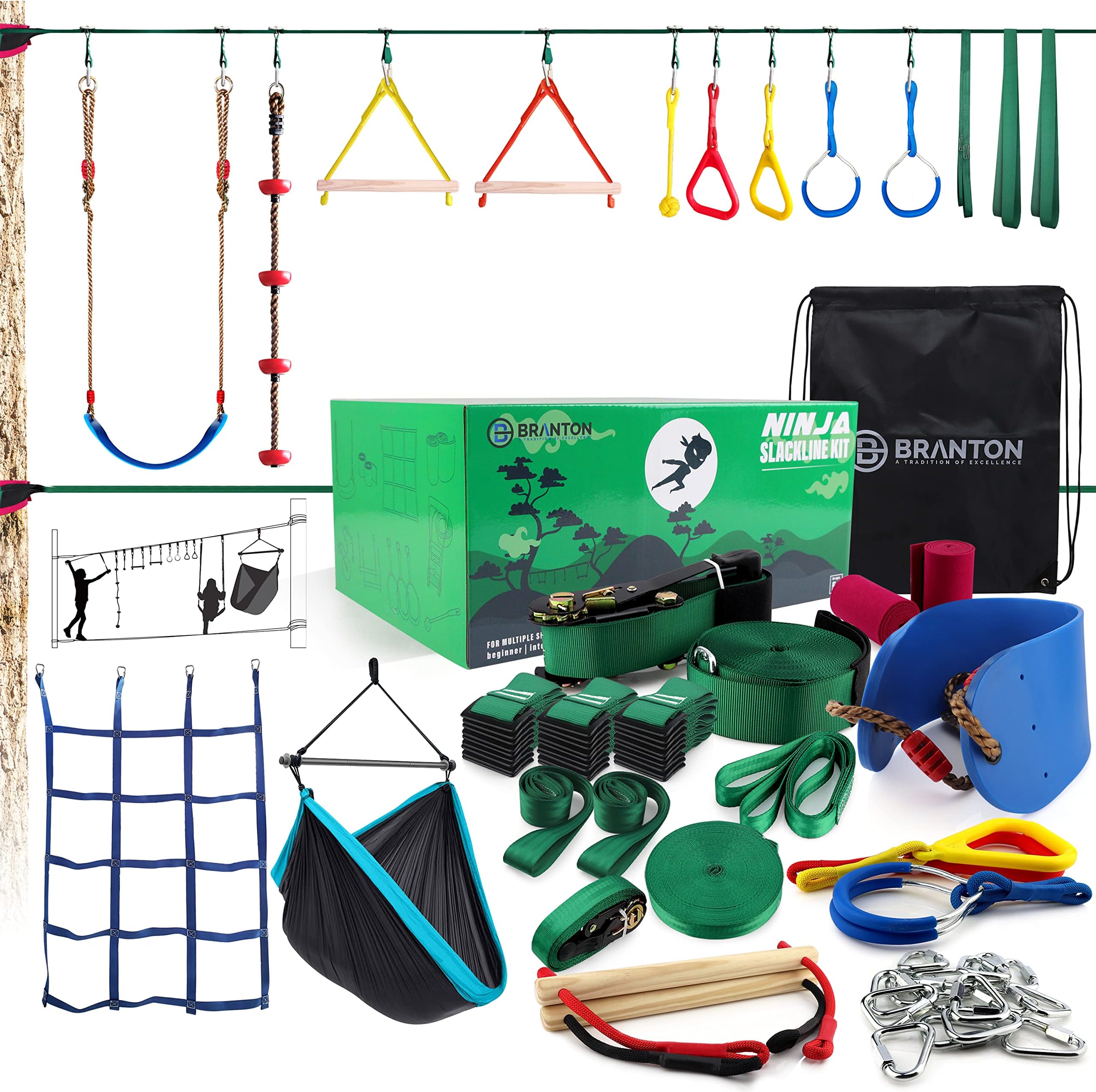 Ninja Obstacle Course for Kids - 2 X Ninja Kit 50ft with Many Accessories for Kids (Inc. Hammock Swing)