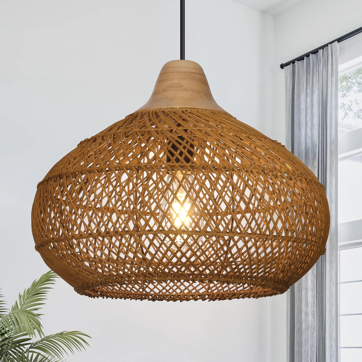 15.7" Rattan Chandelier, 1-Light Boho Hand Woven Ceiling Pendant Light Fixture Farmhouse Coastal Wicker Hanging Lamp Decor for Kitchen Island Bedroom, Living Room, Entryway, Foyer, Nursery