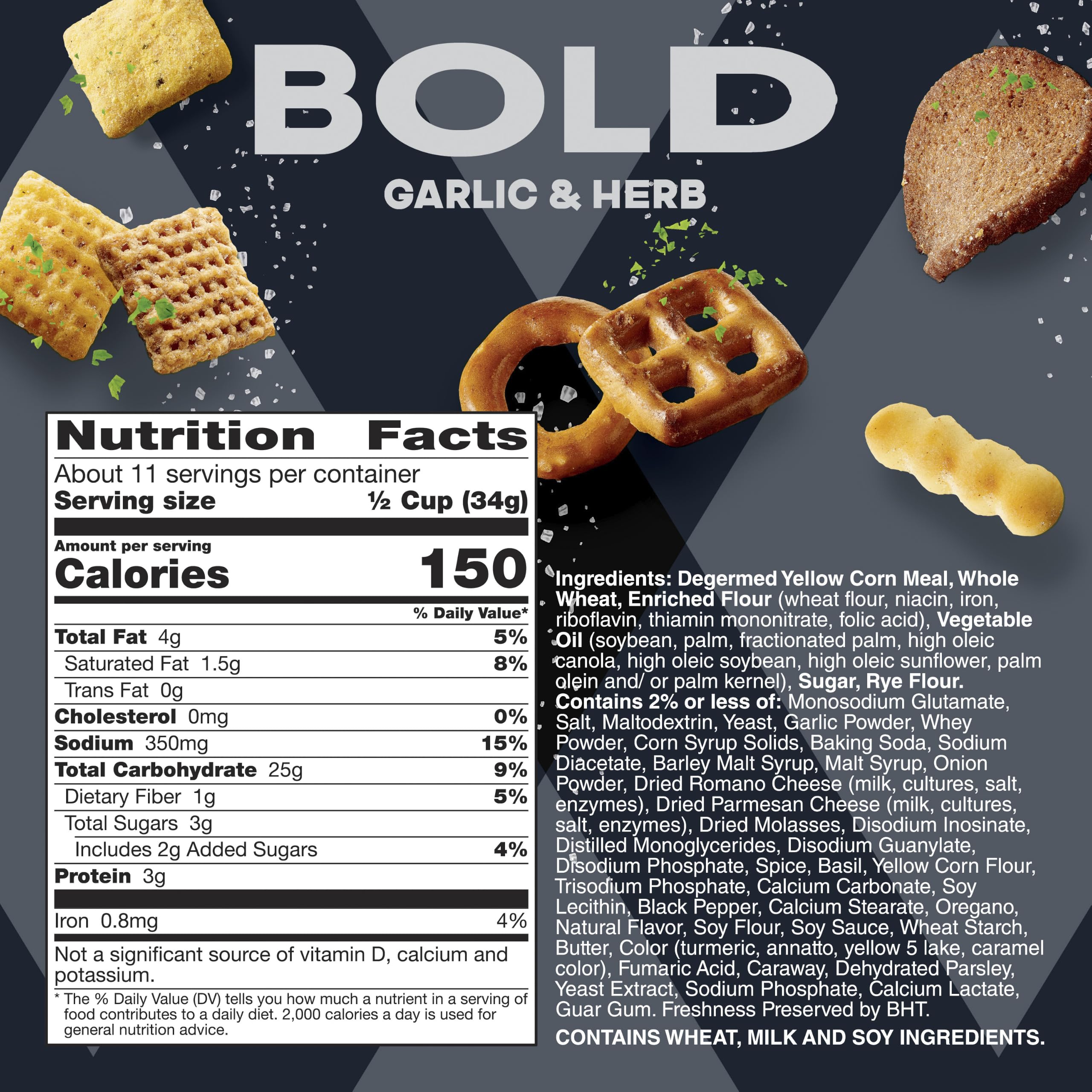 Chex Mix Bold Garlic & Herb Snack Mix Family Size 13.5 oz | Corn & Wheat Chex Rye Chips Mini Breadsticks 2 Kinds of Pretzels 50% Less Fat than Regular Potato Chips product thumbnail 4