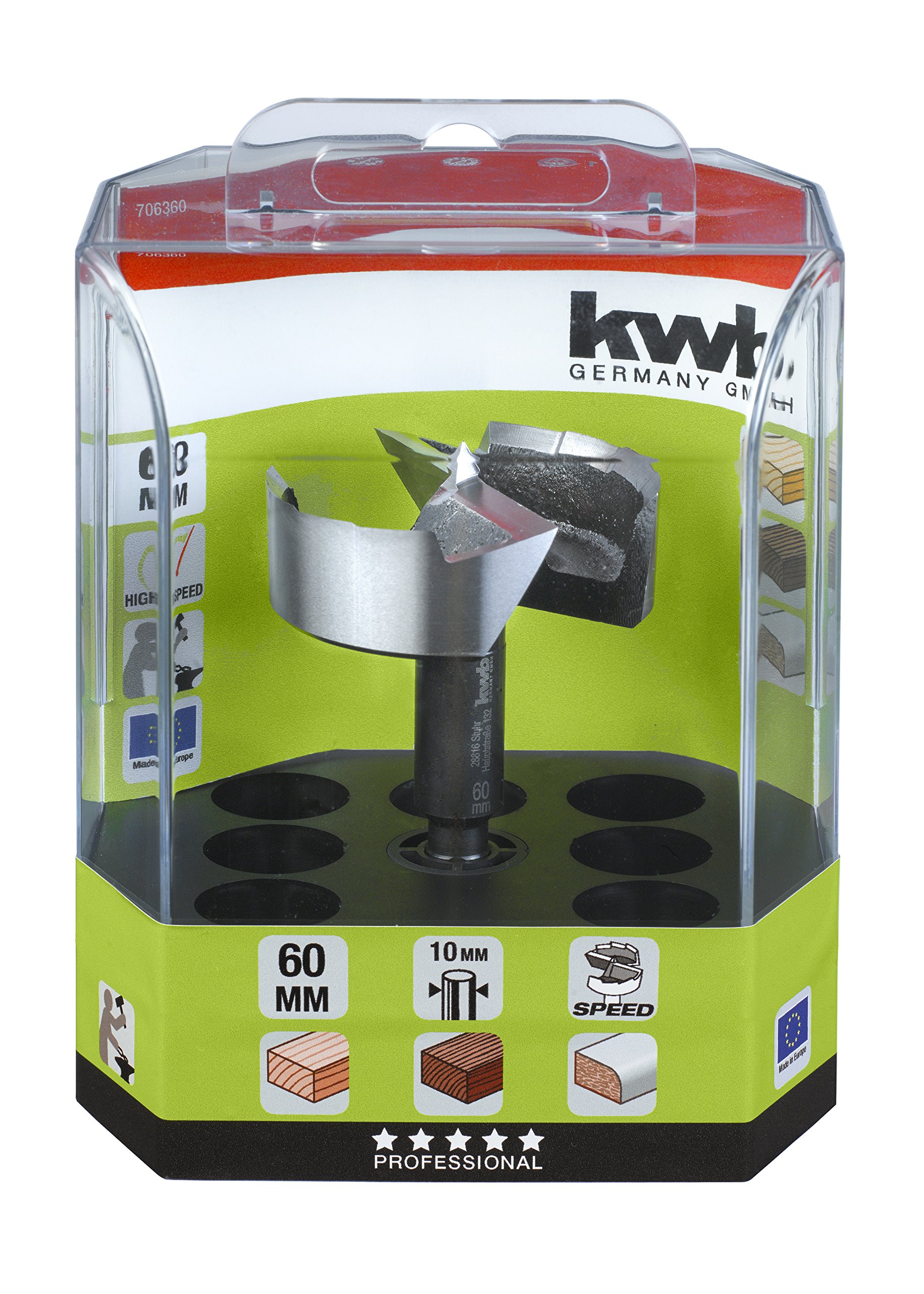 kwb SPEED Punta Forstner ø 60 mm in acciaio speciale temprato e rinvenuto con bordo dentellato preciso, punta centrale, taglienti affilati e temprati in modo ottimale e superficie lucidata