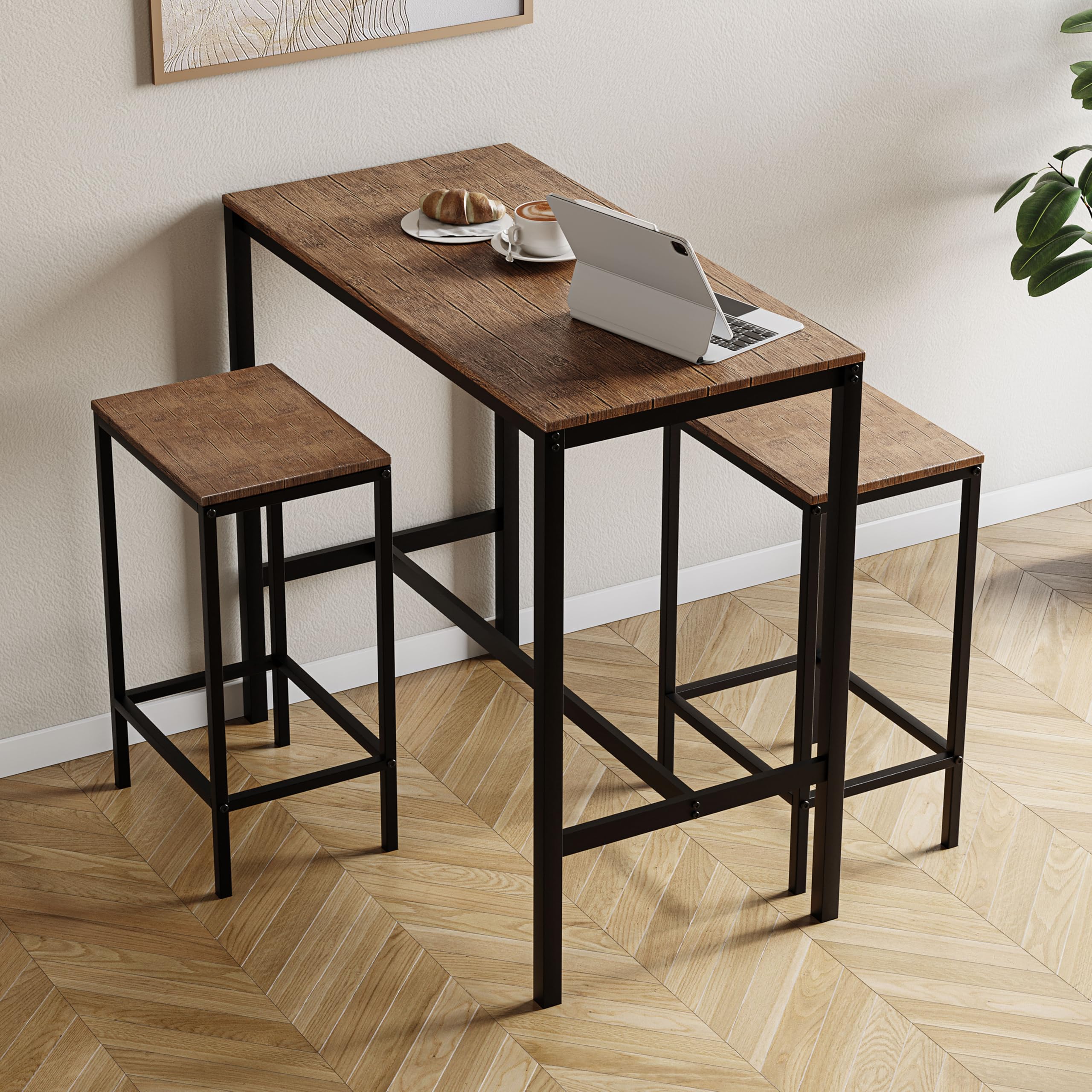 Vida Designs Roslyn 3-Piece Table Set with 2 Stools/Chairs, Compact Design for Dining, Kitchen, Breakfast Bar, Apartment, Balcony, Garden with Industrial Steel Frame, H90xW100xD5 (Dark Wood)