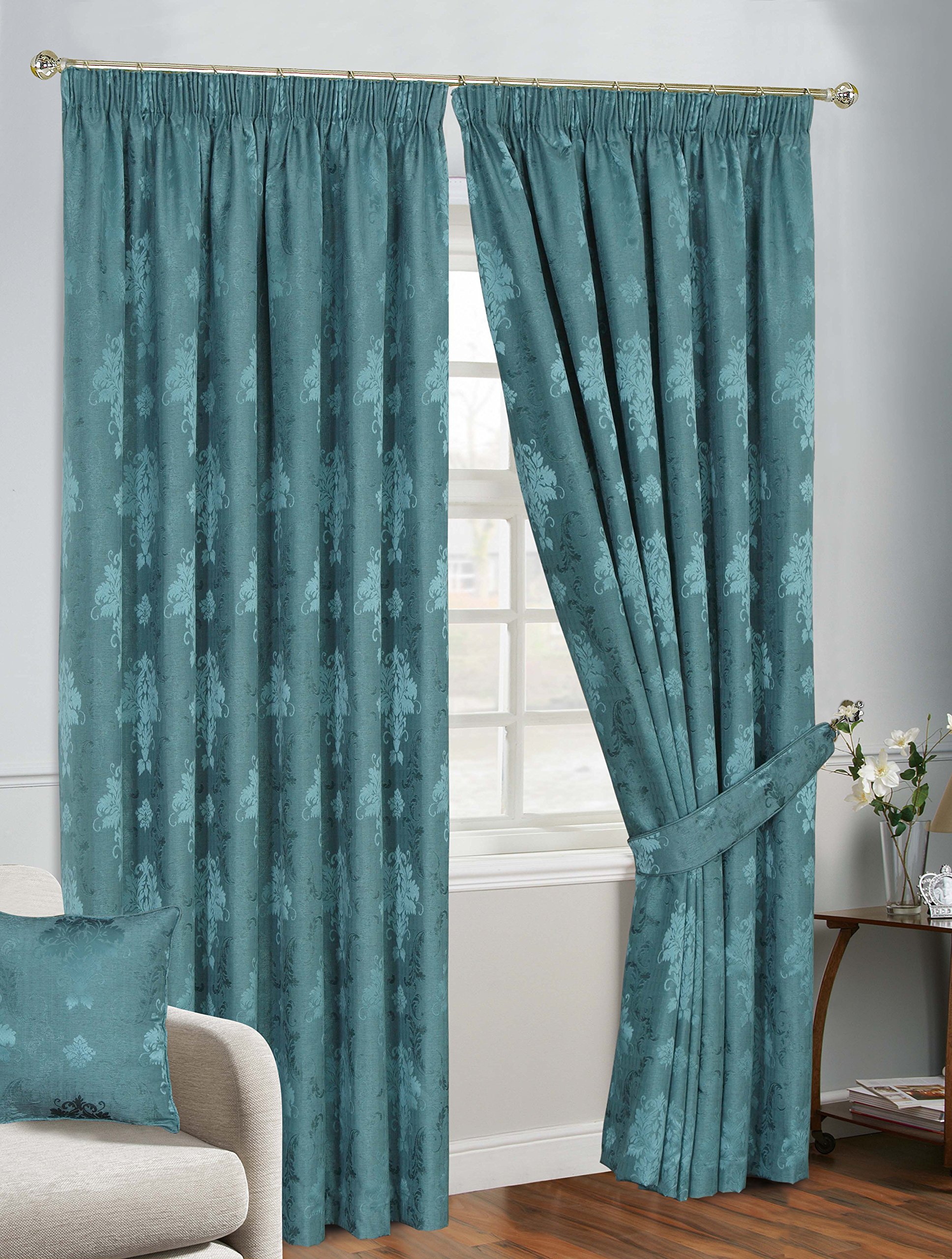 PRIME LINENS FULLY LINED PENCIL PLEAT LUXURY JACQUARD VIRGINIA CURTAIN (PAIR) (66″x 72″ (167cm x 183cm), Teal)