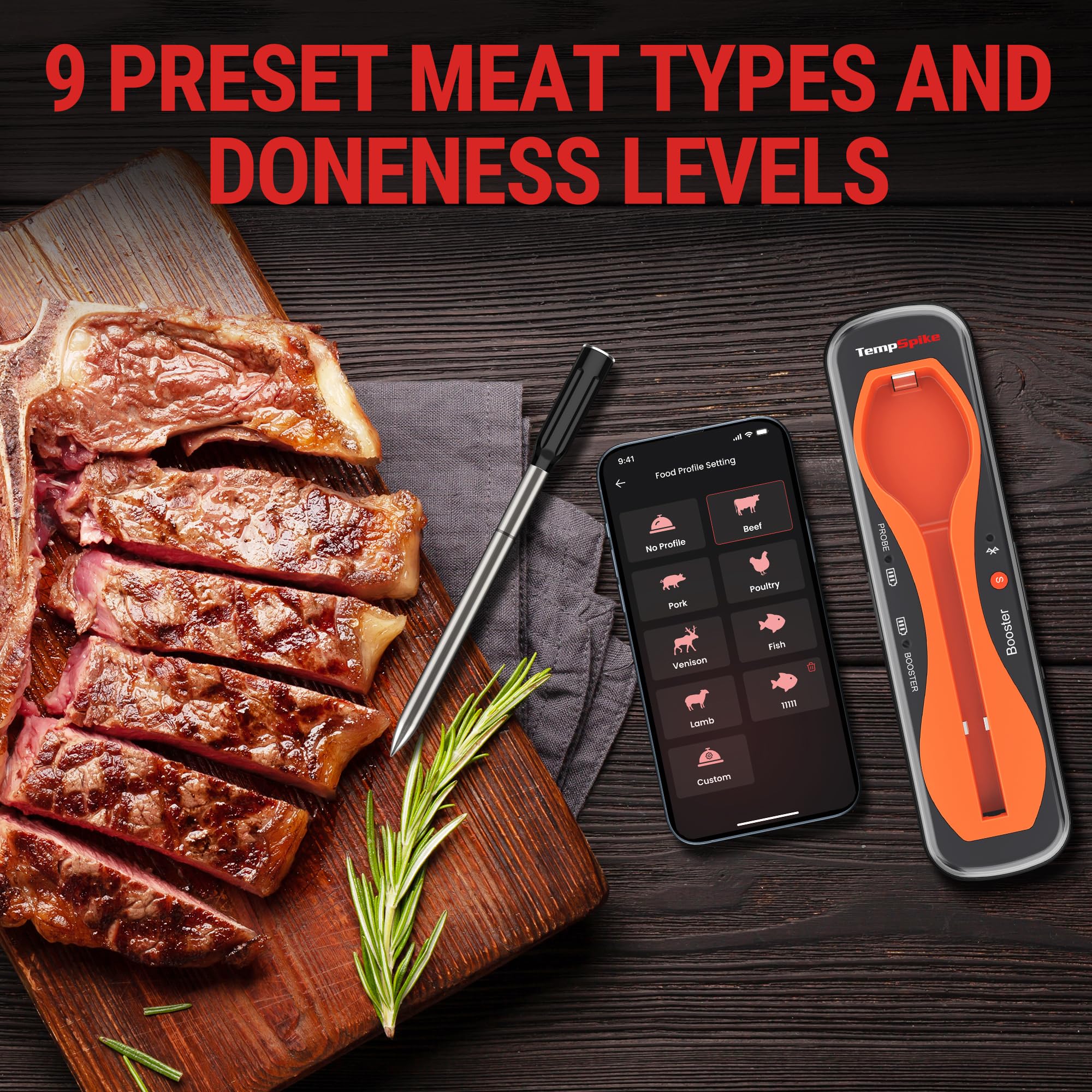 ThermoPro TempPro TP960 150M Termómetro Inalámbrico para Carne con Bluetooth, Termómetro de Cocina Impermeable IP67 para el Horno, Freidoras, Asar, Ahumar y Barbacoa