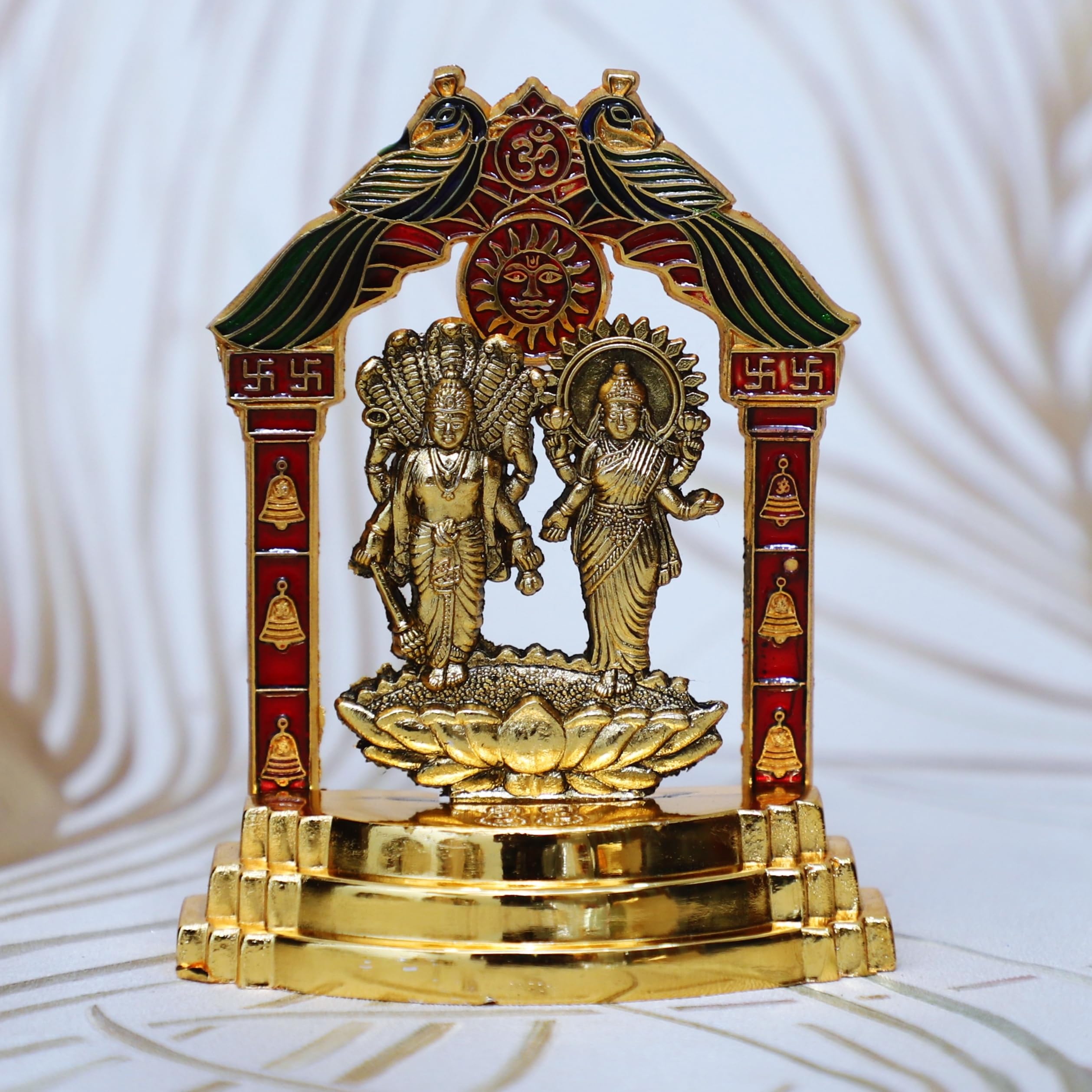 Metal Lakshmi Narayan Idol Vishnu Laxmi MurtiI Krishna Statue Decorative Showpiece - 10 cm (Metal, Gold)