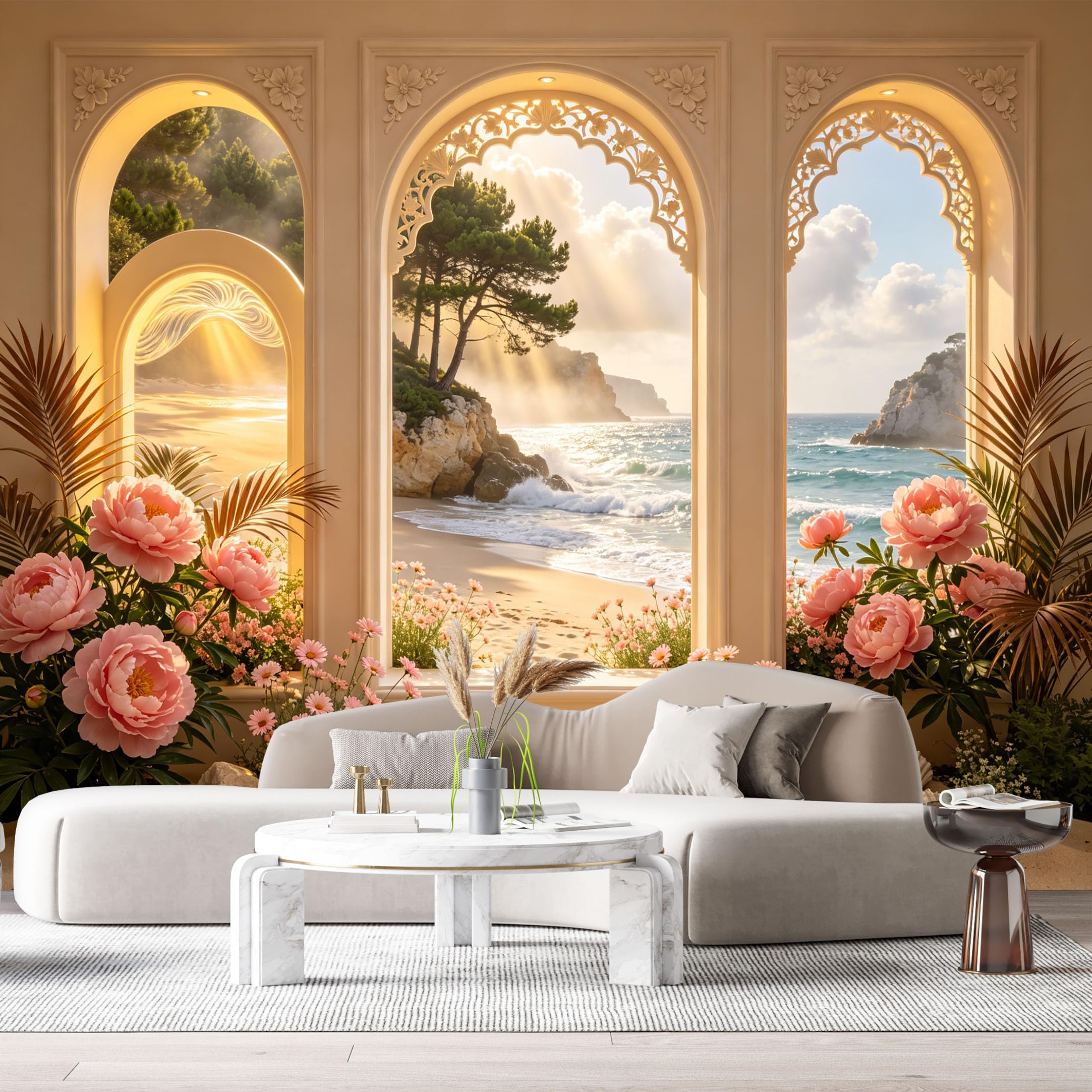 Custom Size Wall Murals Coastal Ocean View 3D Arch Window Tropical Flowers SelfAdhesive Wall Fabric Removable Large Wallpaper for Photo Living Room