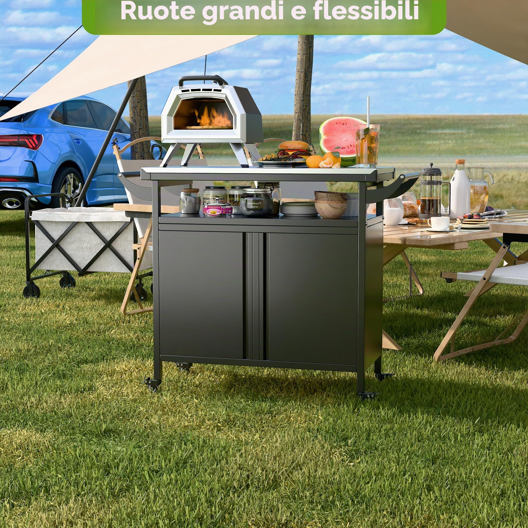 SUPEER Carrello per barbecue, tavolo per pizza con 4 ruote, 304 piani in acciaio inox, carrello per barbecue, carrello da servizio all'aperto, trolley da giardino