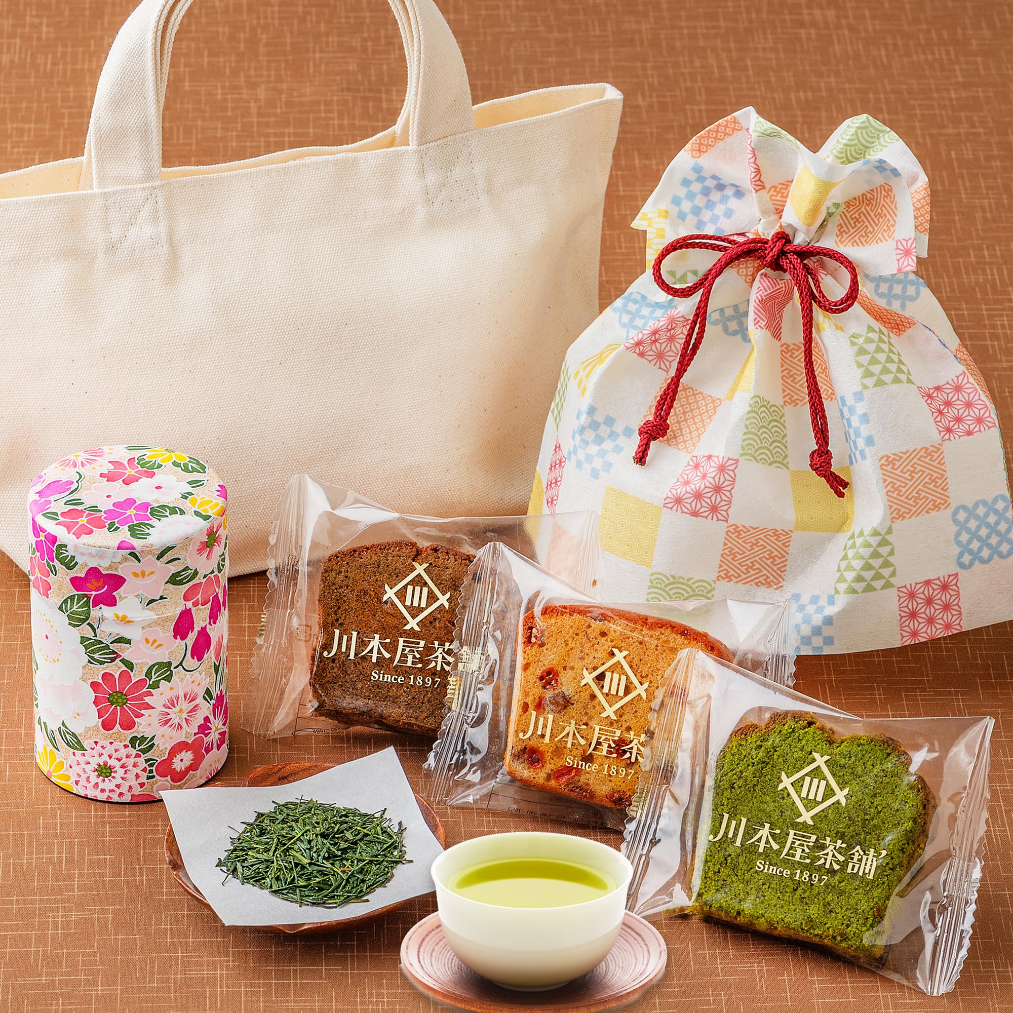 川本屋茶舗 備長炭火入れ 静岡茶 自家製パウンドケーキ3個 トートバッグ入り お…