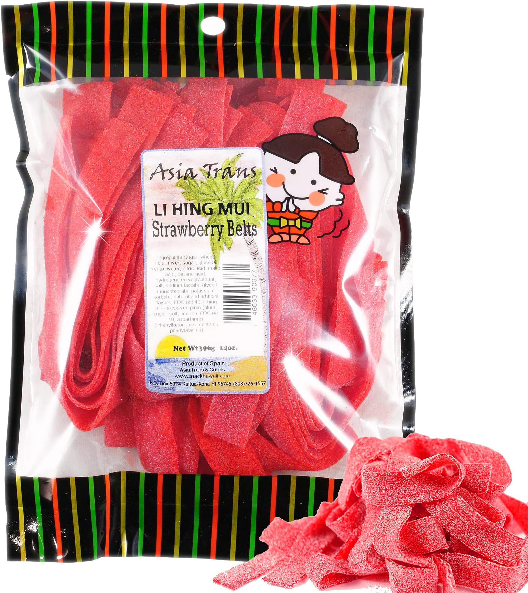 Li Hing Mui Strawberry Belts 14 Ounce - Packed Fresh in Hawaii. Sweet and Tart Strawberry Belt Candy Sprinkled with Li Hing Mui Plum powder.