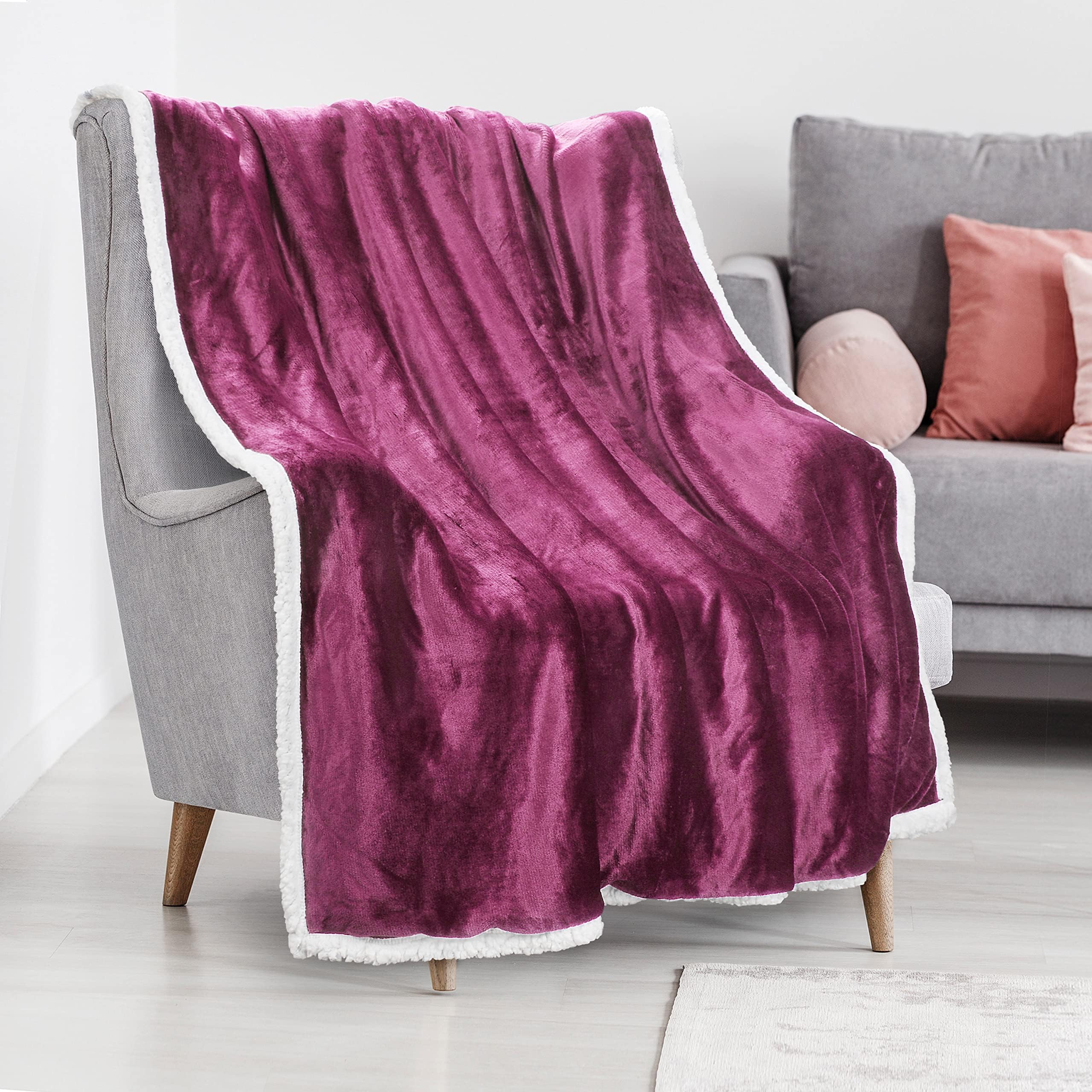 Sherpa Plush Throw Blanket - 50" x 60" Reversible Fleece Bedding for Bed and Couch, Super Soft Comfy Warm Fuzzy TV Blanket