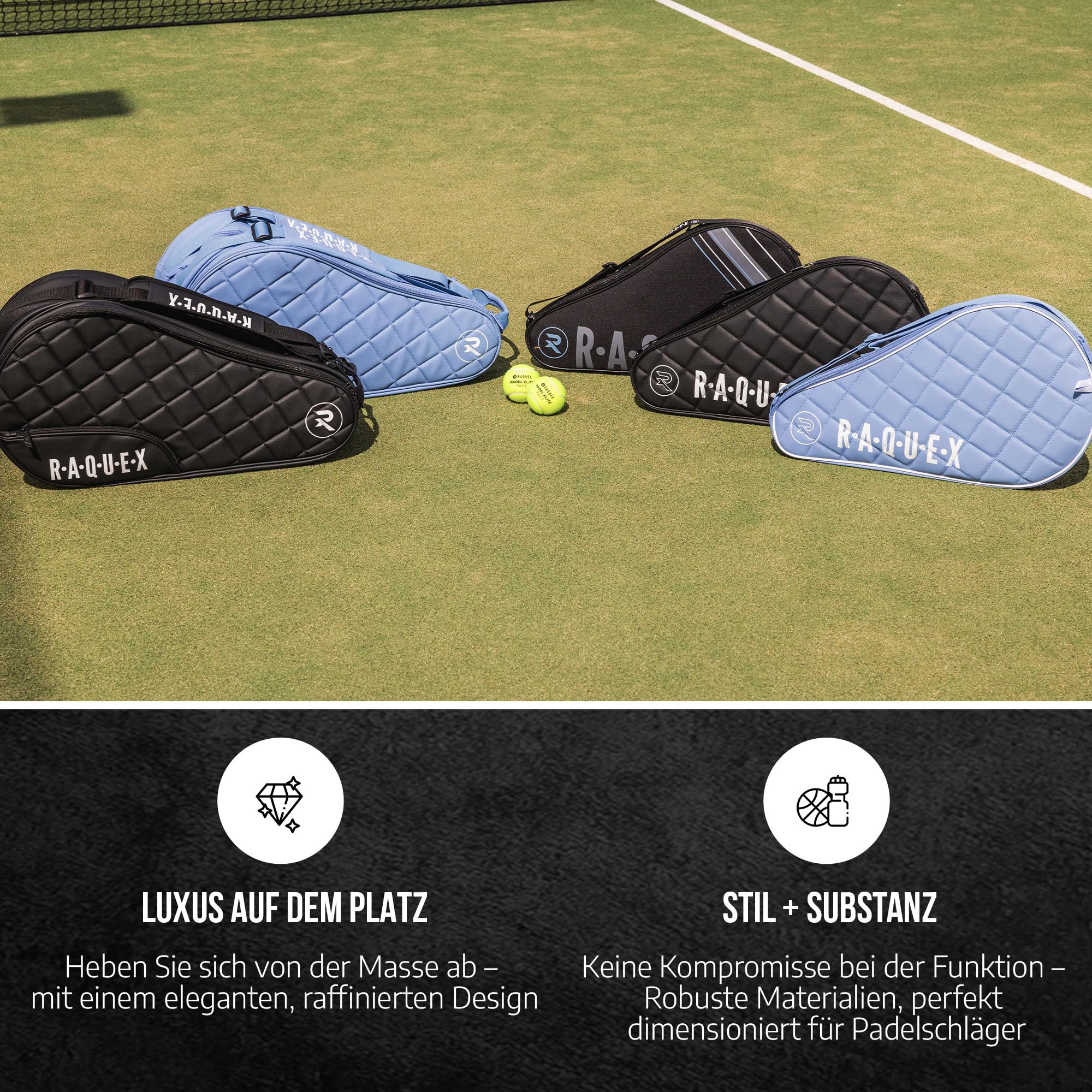 Raquex Elite gesteppte Padelschlägertasche (bis zu 4 Schläger) – Blau oder Schwarz – Padeltasche aus Kunstleder für Herren und Damen. Gepolsterte Padelschläger-Schutztasche – luxuriöses Padel-Geschenk