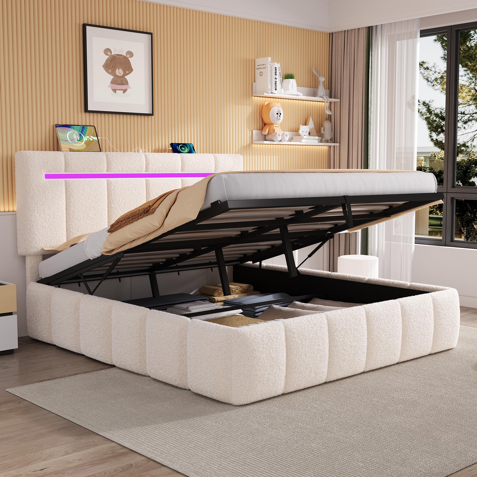Merax 4FT6 Double Upholstered Bed Frame with Hydraulic Storage, LED Channel Tufted Adjustable Headboard with Charging Station, USB & Type-C Ports, Boucle Ottoman Bed, Beige (No Mattress)