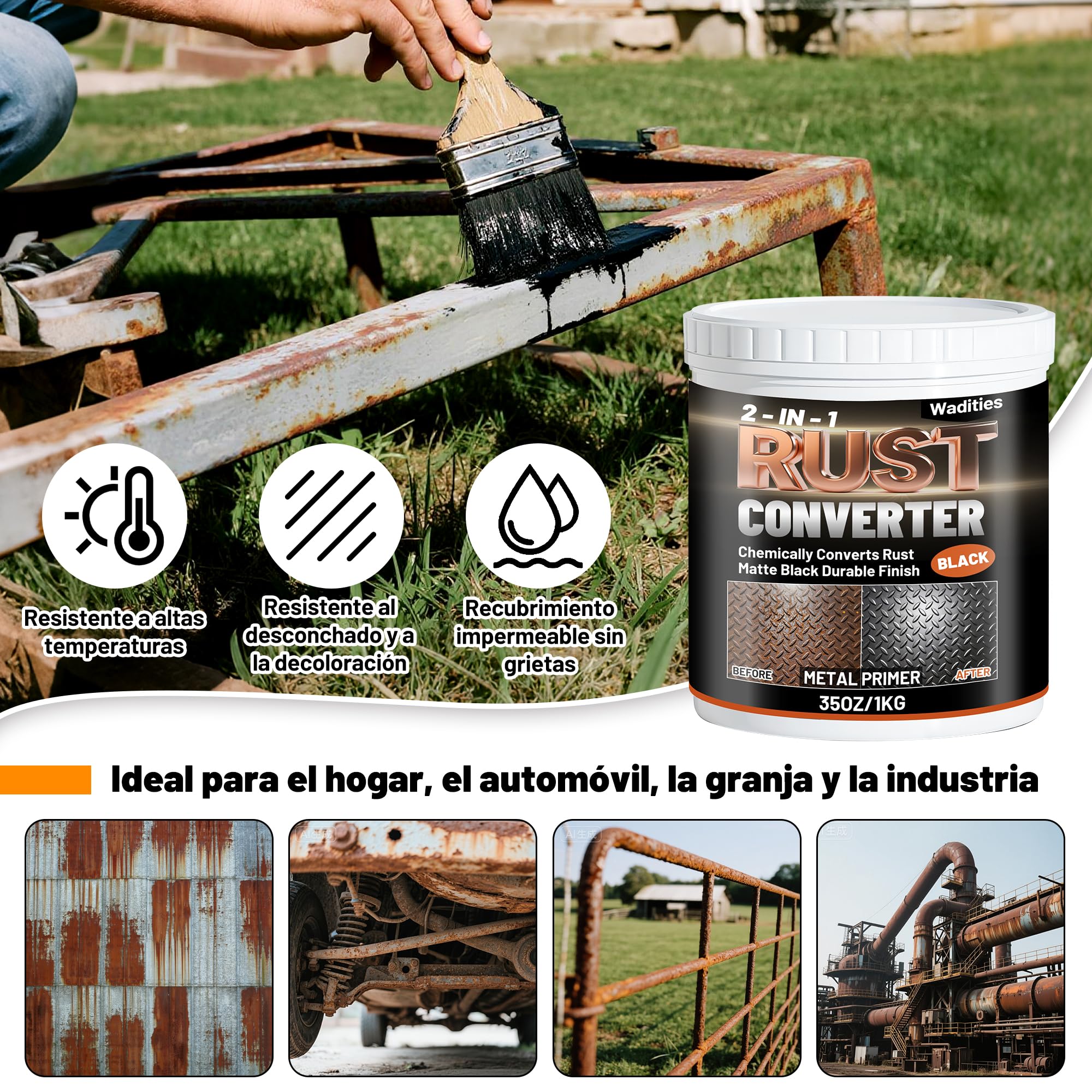 Convertidor de óxido y imprimación para metal 2 en 1, 1kg pintura inhibidora de óxido negro mate de para metal, pintura resistente al calor para chasis, bastidores, embarcaciones e industrias