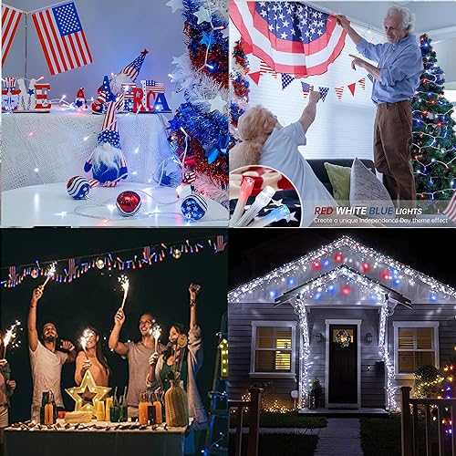 Miniatura 6 de Hopolon Decoraciones para el 4 de julio, tira de luces LED para exteriores, 33 pies, 100 luces LED del día de la independencia con 8 modos, luces