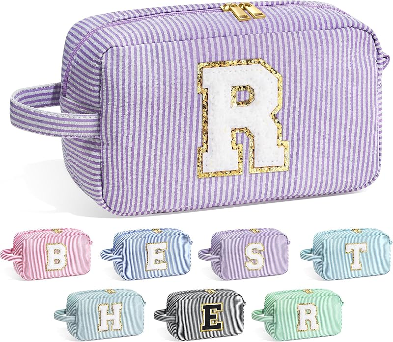 Necessaire de maquiagem YOOLIFE roxa com inicial, zíper e compartimentos