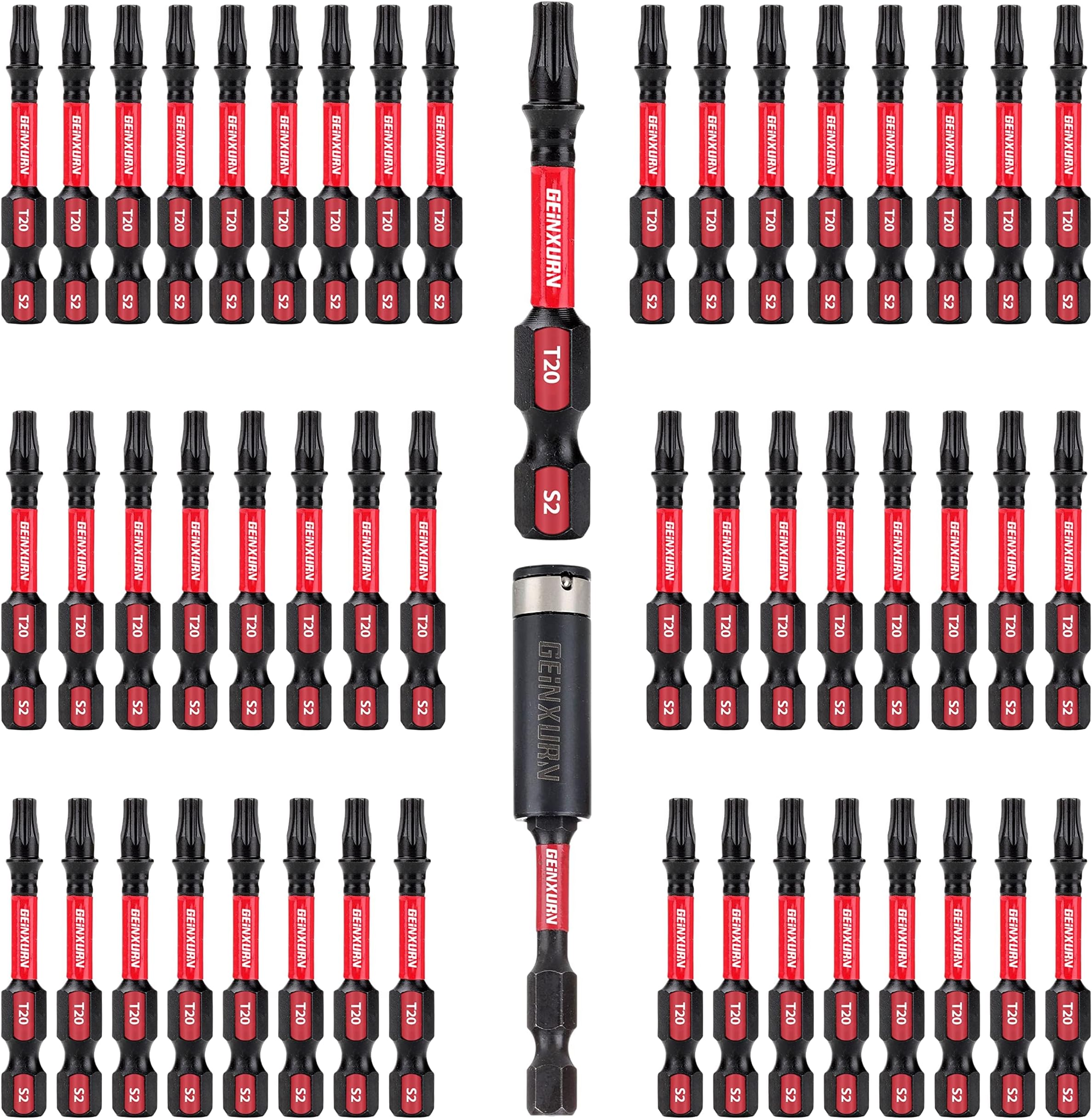 50 Pieces T20 2 In. Impact Tough Magnetic #20 Torx Head Power Bits, S2 Alloy Steel T20 Screwdriver Bits Set with 1Pcs Impact Bit Holder