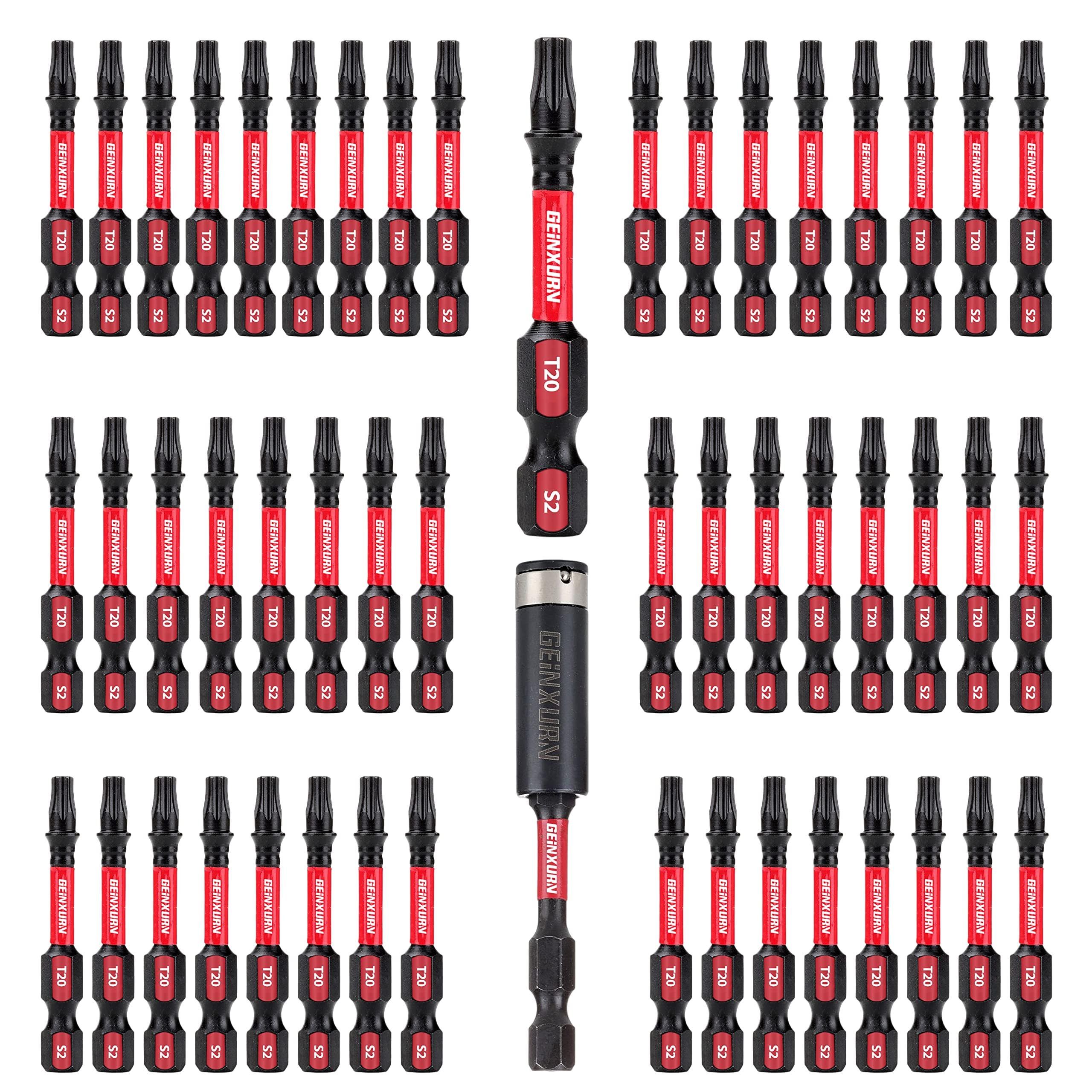 50 Pieces T20 2 In. Impact Tough Magnetic #20 Torx Head Power Bits, S2 Alloy Steel T20 Screwdriver Bits Set with 1Pcs Impact Bit Holder
