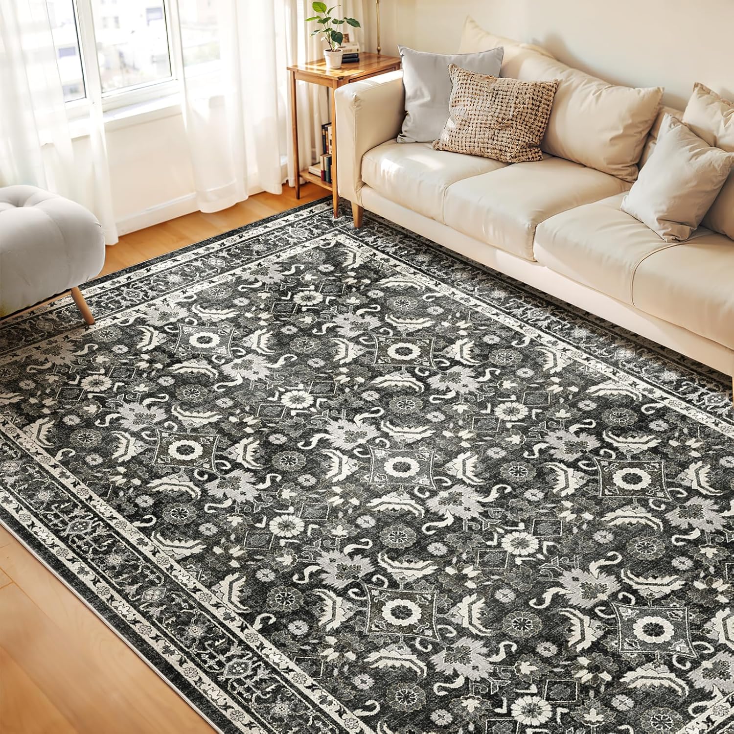 WITSHOCK Living Room Area Rugs 9x12: Soft Non-Slip Backing Washable Rugs Vintage Large Carpet for Bedroom Office Dining Room Kitchen Stain Resistant Home Decor Rug 9' x 12' (Rectangular) Black