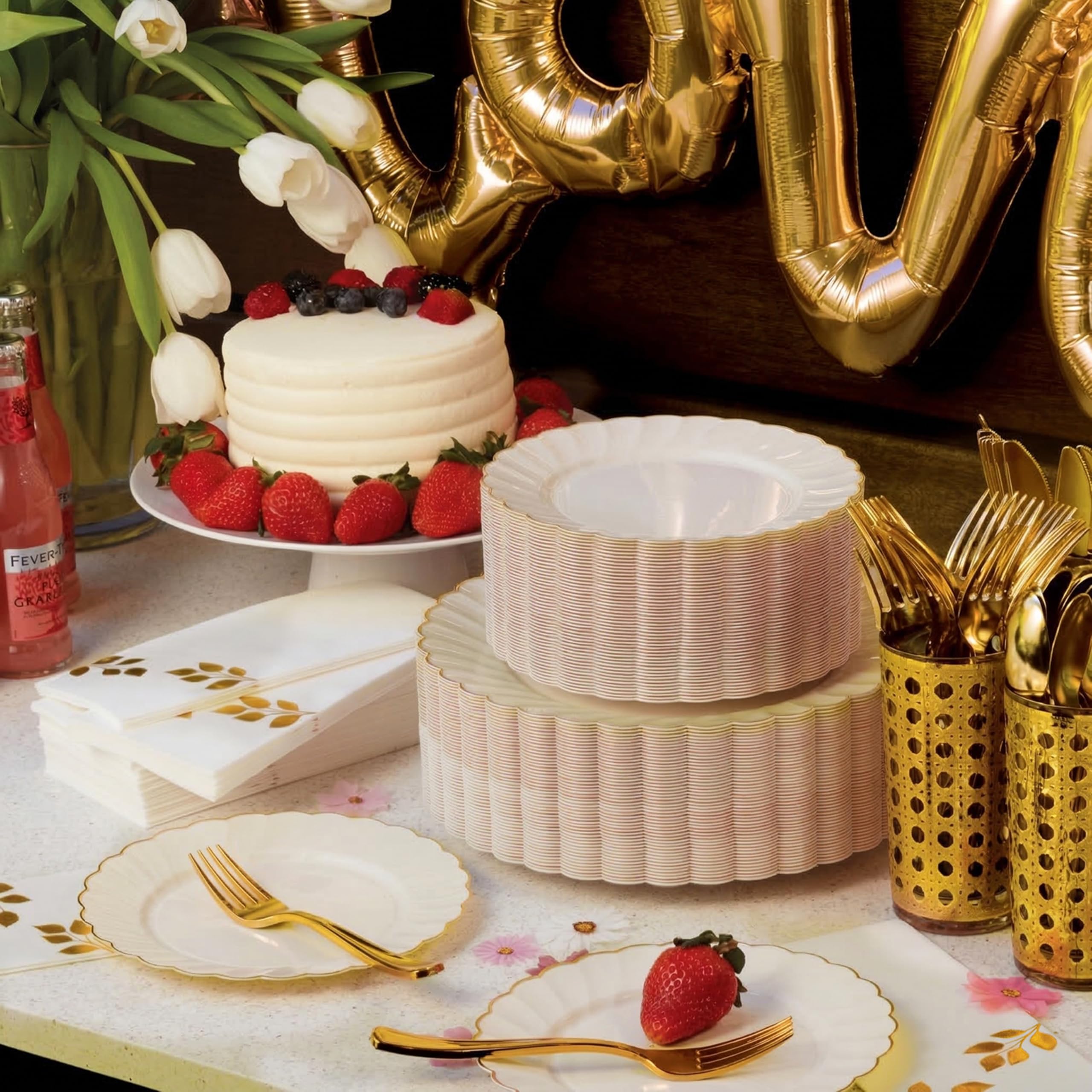 Ivory Gold Scalloped Plates - 60 Pack -6