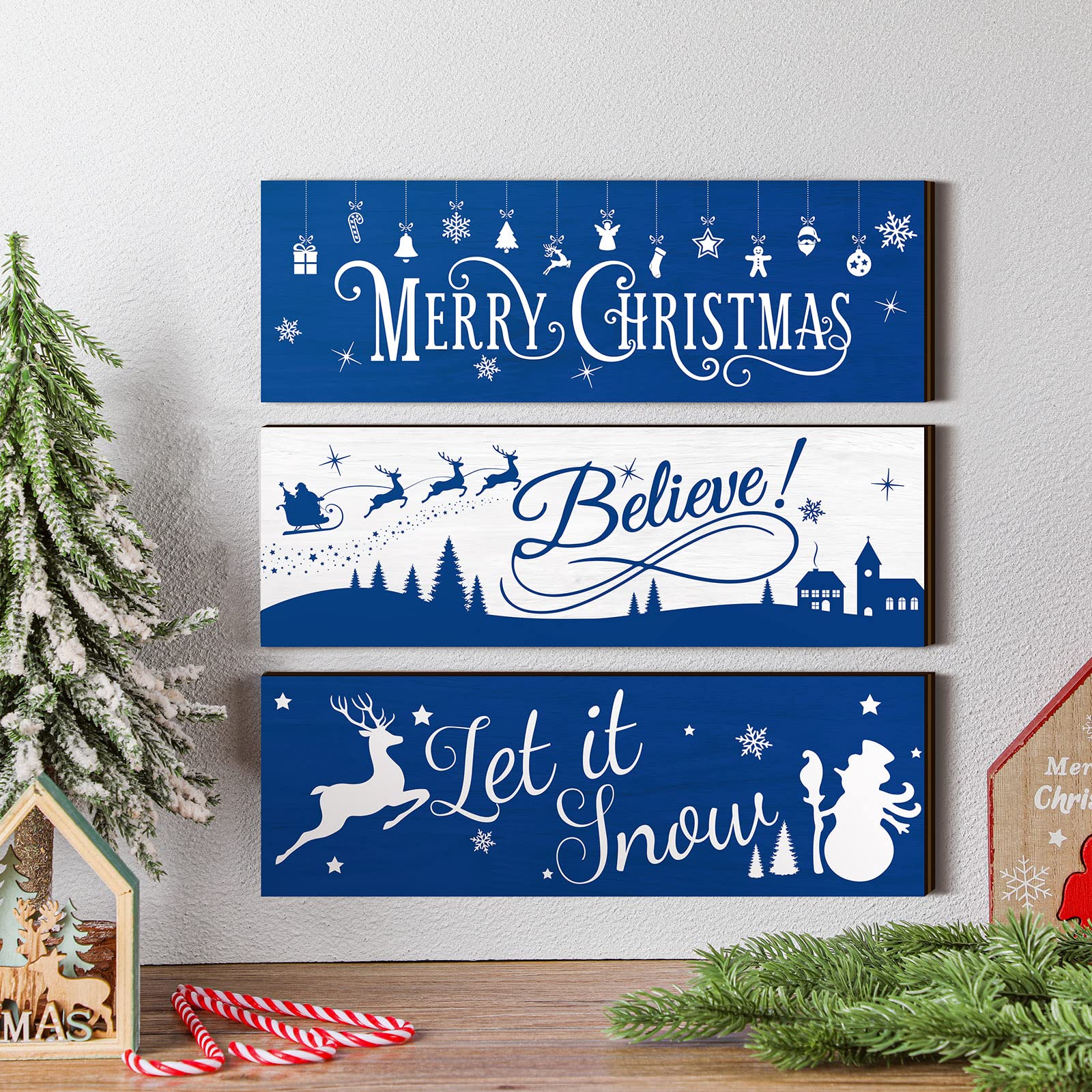 3 letreros colgantes azules de Navidad de madera rústica con copos de nieve para colgar en la pared, adornos y placas de madera para Navidad, vacaciones, invierno, decoración del hogar