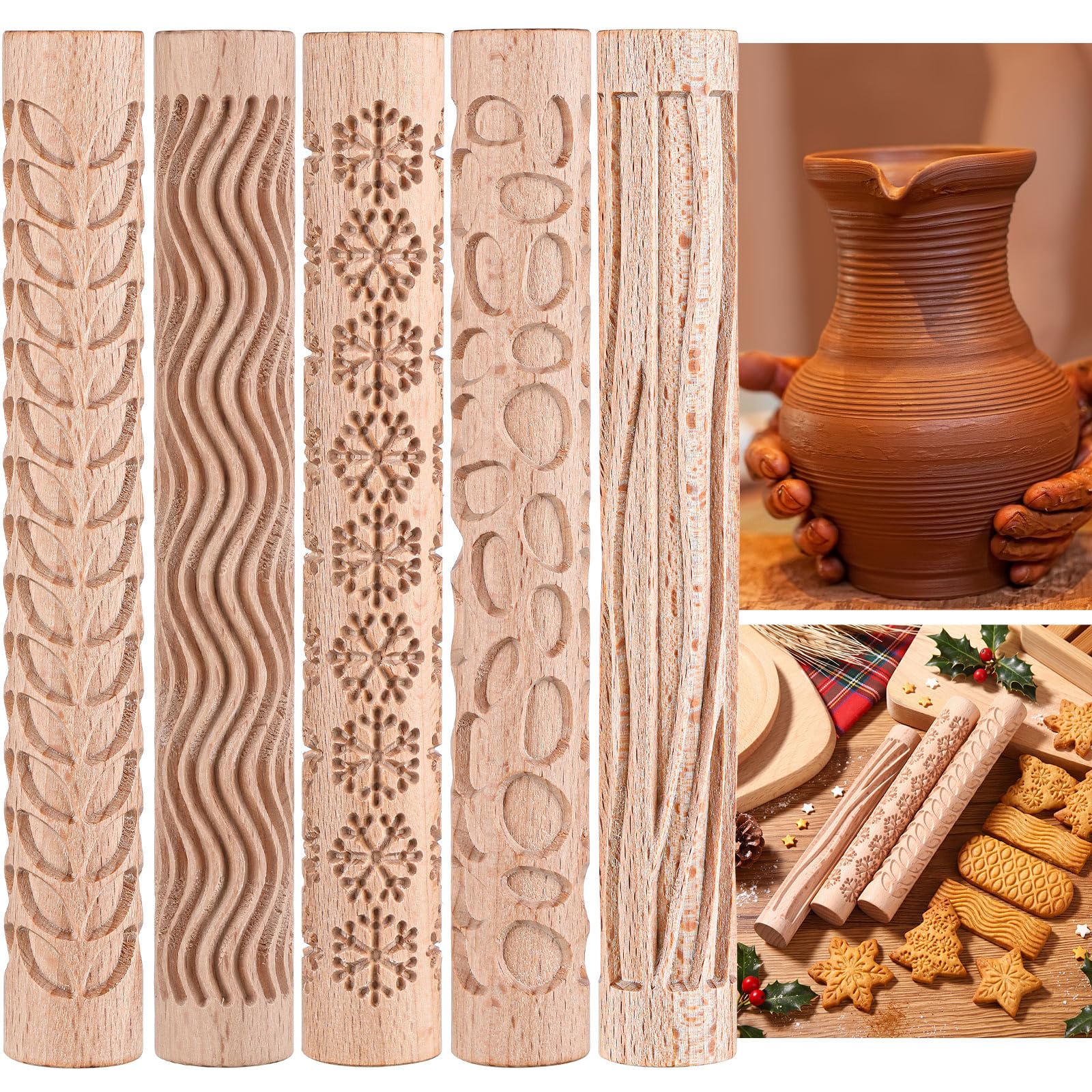 5 Pieces Pottery Tools Handmade Clay Roller Set Wooden Handle Clay Texture Roller Slab Roller Leaves Snowflake Pattern 5.9 Inch Clay Textured Rolling Pins for Ceramics-image-44