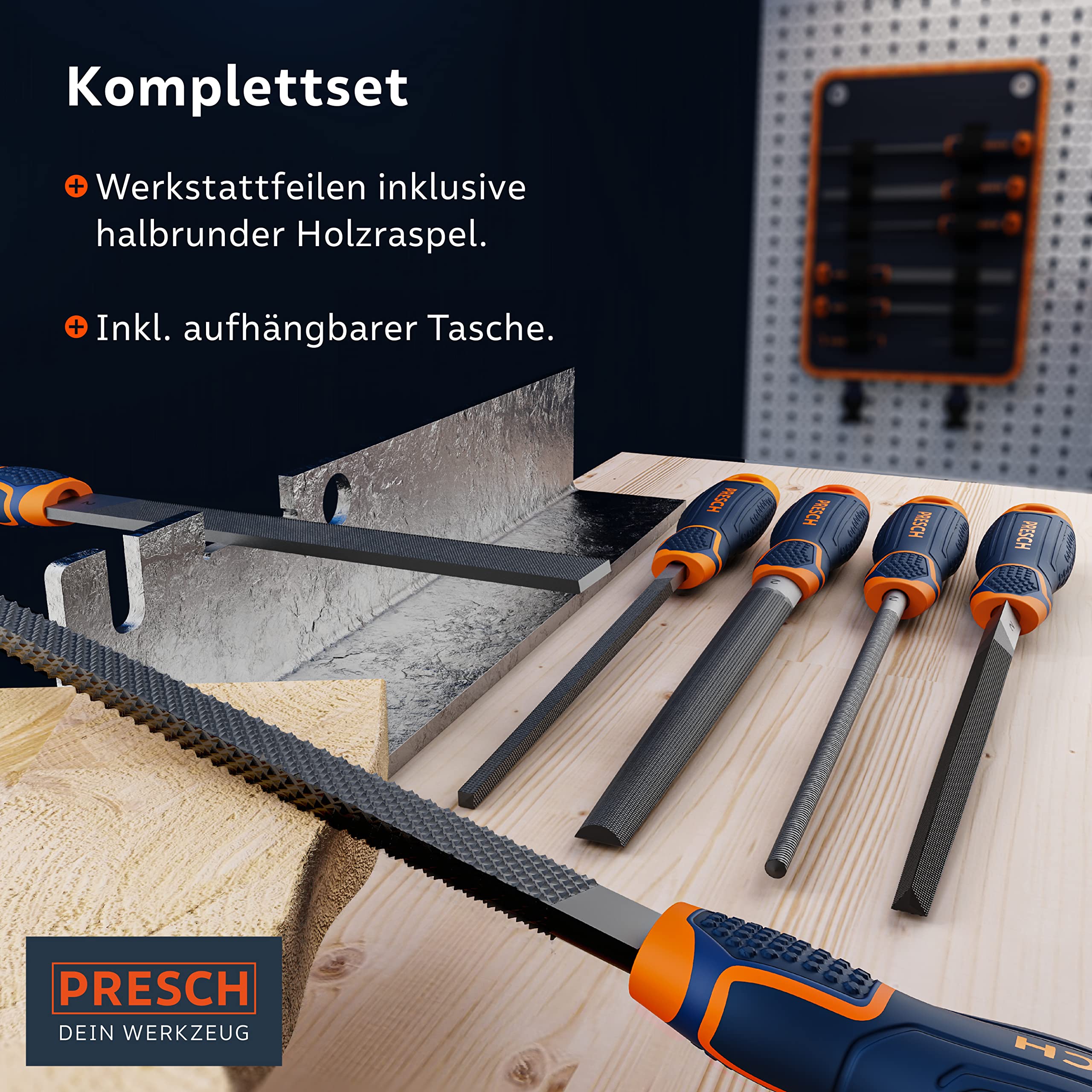 Presch Feilenset Metall und Holz 6tlg. inkl Rolltasche - Hochwertiges Profi Feilen Set mit Hieb 2 inkl. Halbrundraspel, Flachstumpffeile, Halbrundfeile, Rundfeile, Dreikantfeile und Vierkantfeile