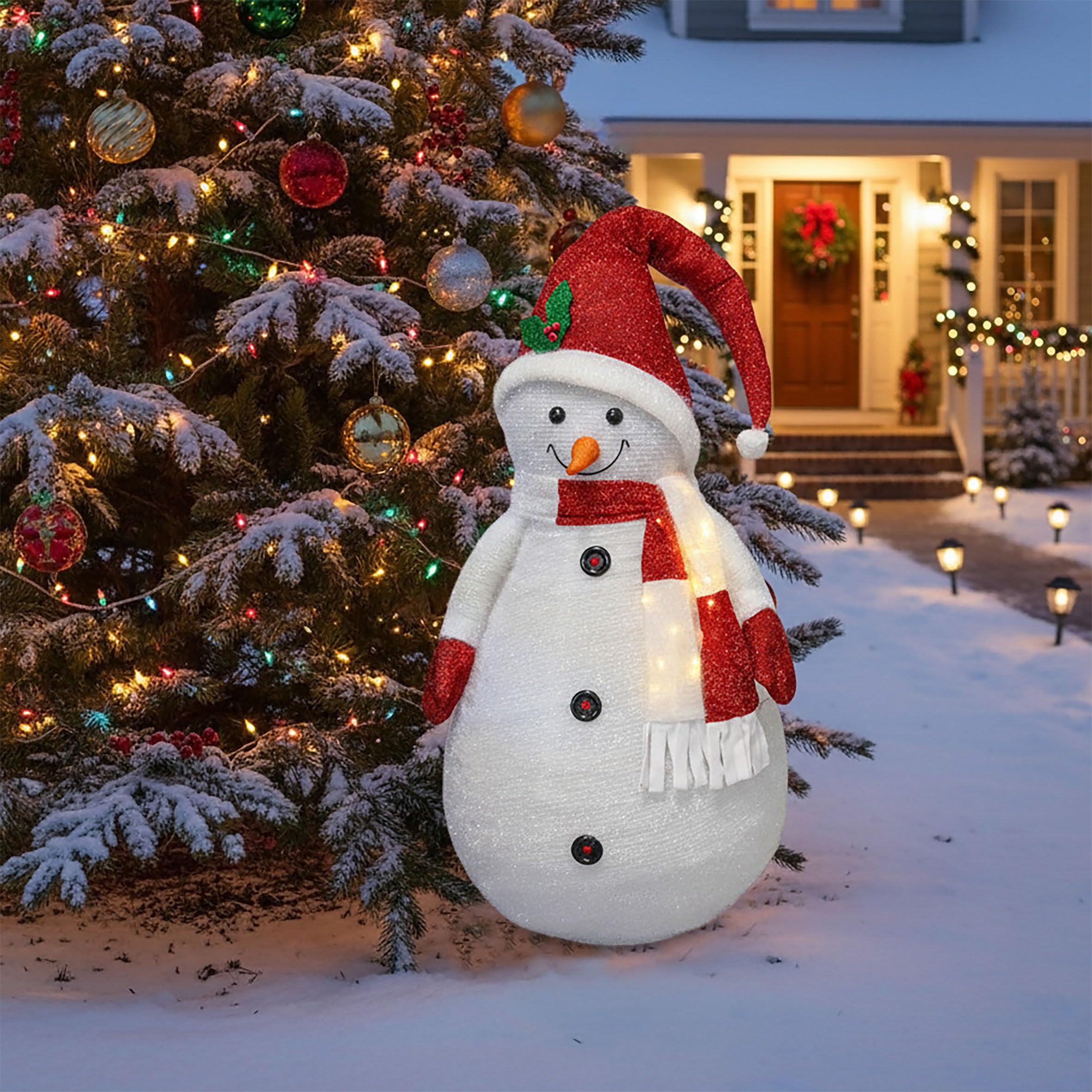 XXL LED Stoff Schneemann für Außen mit Timer - 140 cm - Beleuchtete Gartenfigur mit 20 LED - Deko Garten Figur wasserfest mit Timer Batterie betrieben