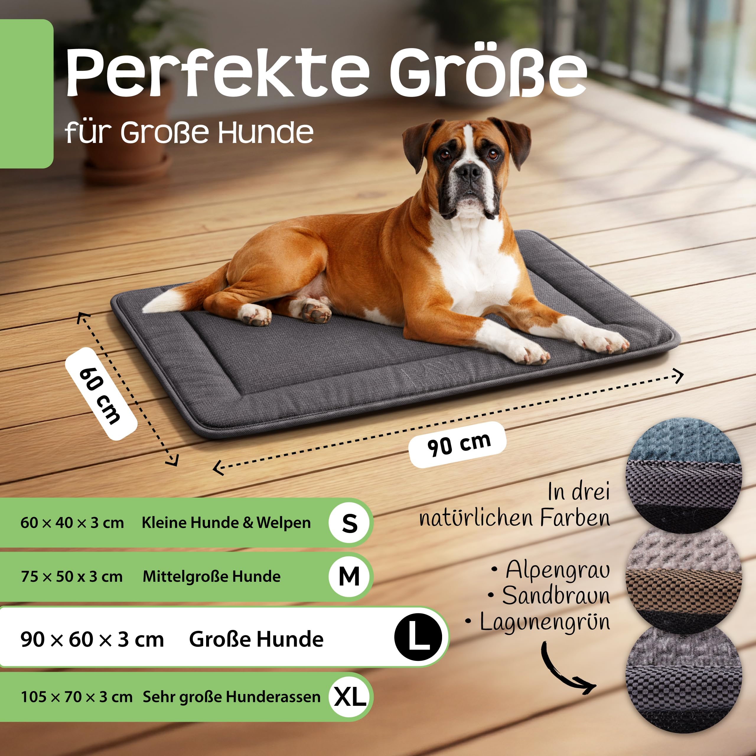 RAW Nature KIVO Hundematte L, 90x65x3cm, Alpengrau, rutschfest | Großzügige Liegefläche für mittelgroße Hunde, Cord-Liegefläche, rutschfest, waschbar bei 30 °C, für Auto & Zuhause