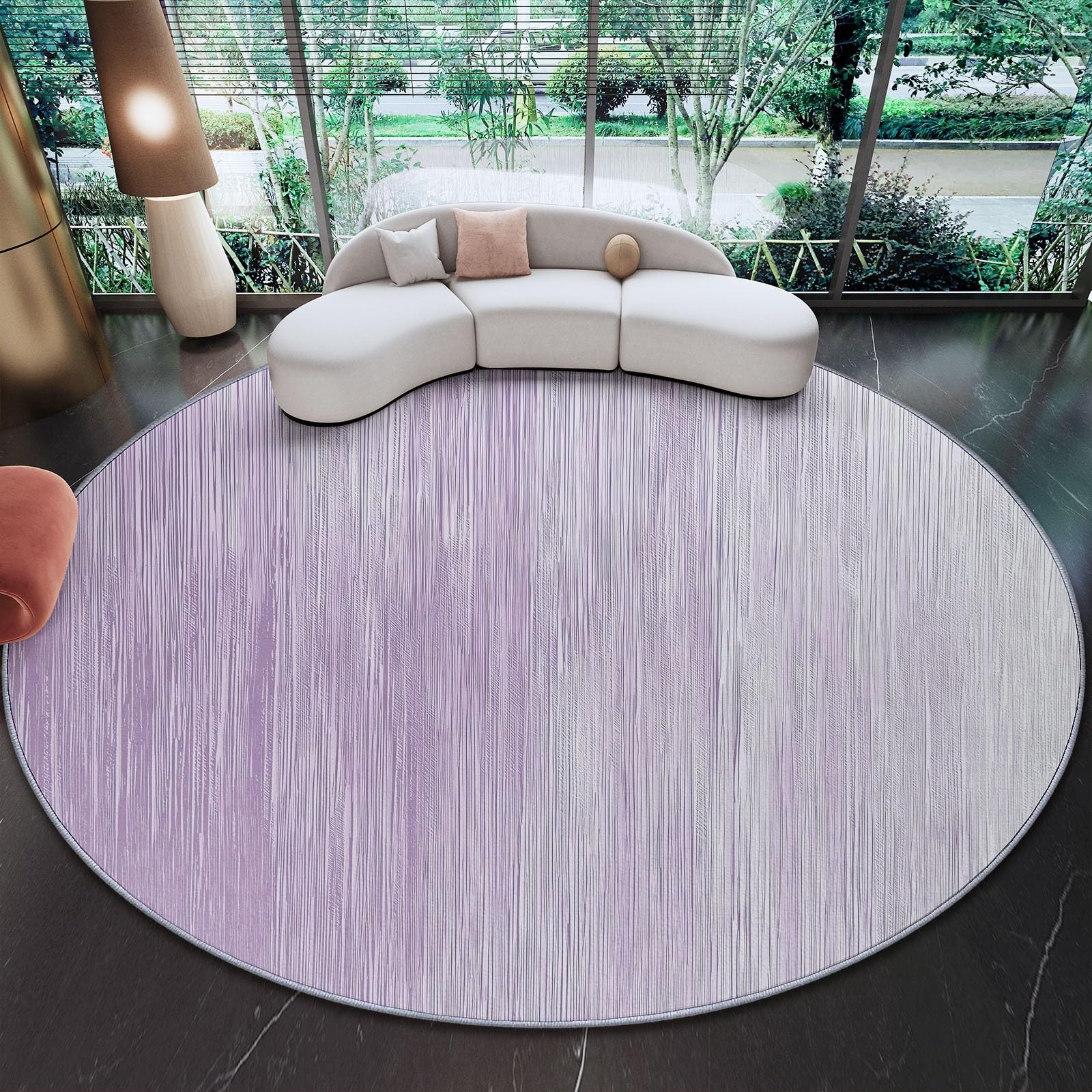 Alfombra Redonda Rayas Verticales Simples de Color Morado Claro Lavable a máquina, Antideslizante, de Pelo bajo y no desprende Pelo 120 cm (Round) para Sala de Estar, Dormitorio salón Salvia Rosa