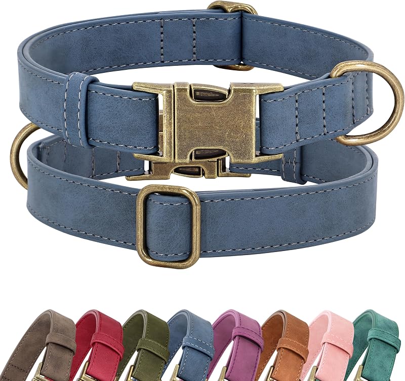 Collar de perro de cuero suave de PU para perros pequeños, liberación rápida, azul S | Comodidad para caminar diariamente en el patio trasero, elegante para fotografía, hebilla de metal y anilla en D, fácil de limpiar, cuello ajustable de 10 a 15 pulgadas