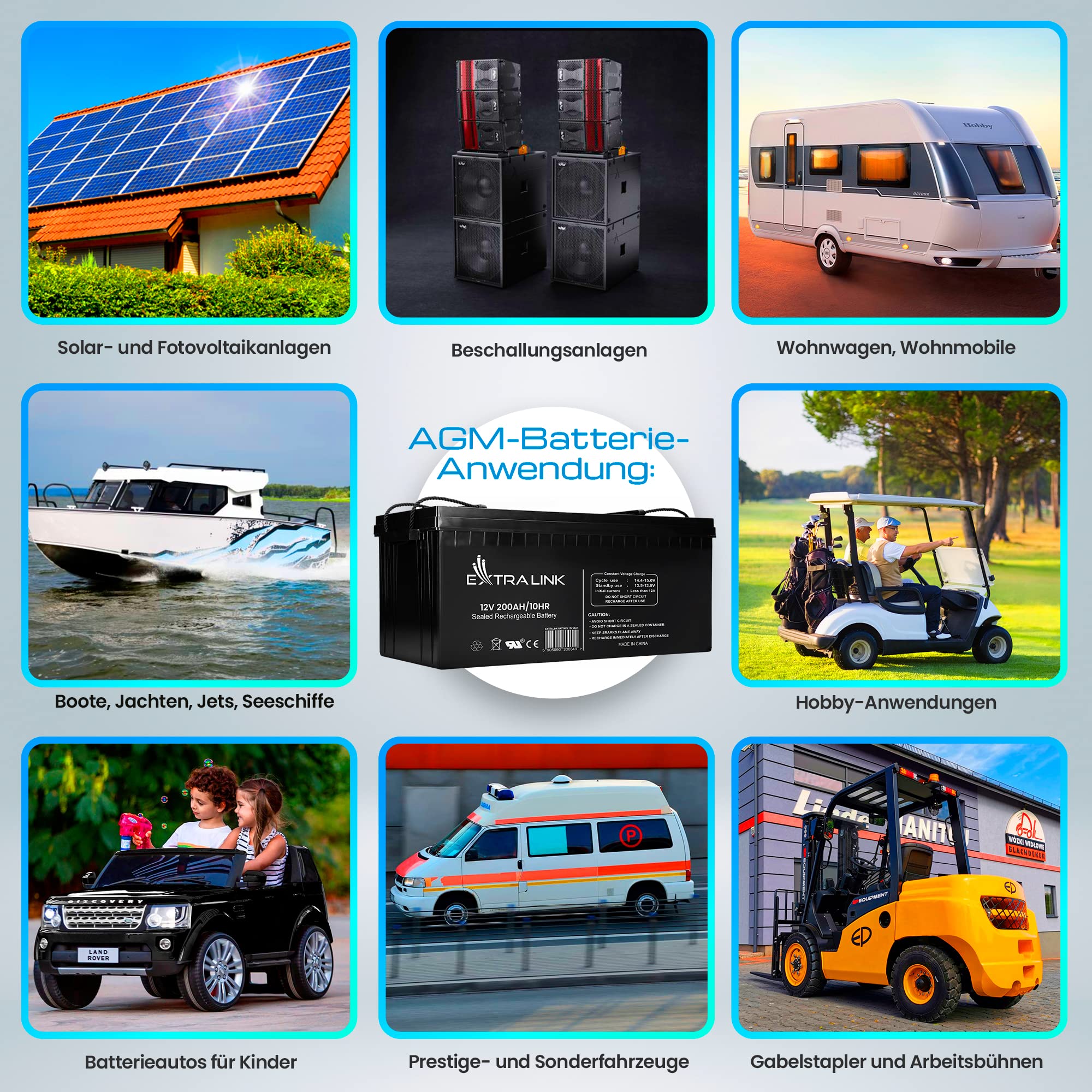 Extralink AGM Batterie 12V 200Ah – wartungsfrei, auslaufsicher, Deep Cycle – langlebige Versorgungsbatterie für Photovoltaik, Wohnmobil, USV, Inselanlage & Notstromversorgung