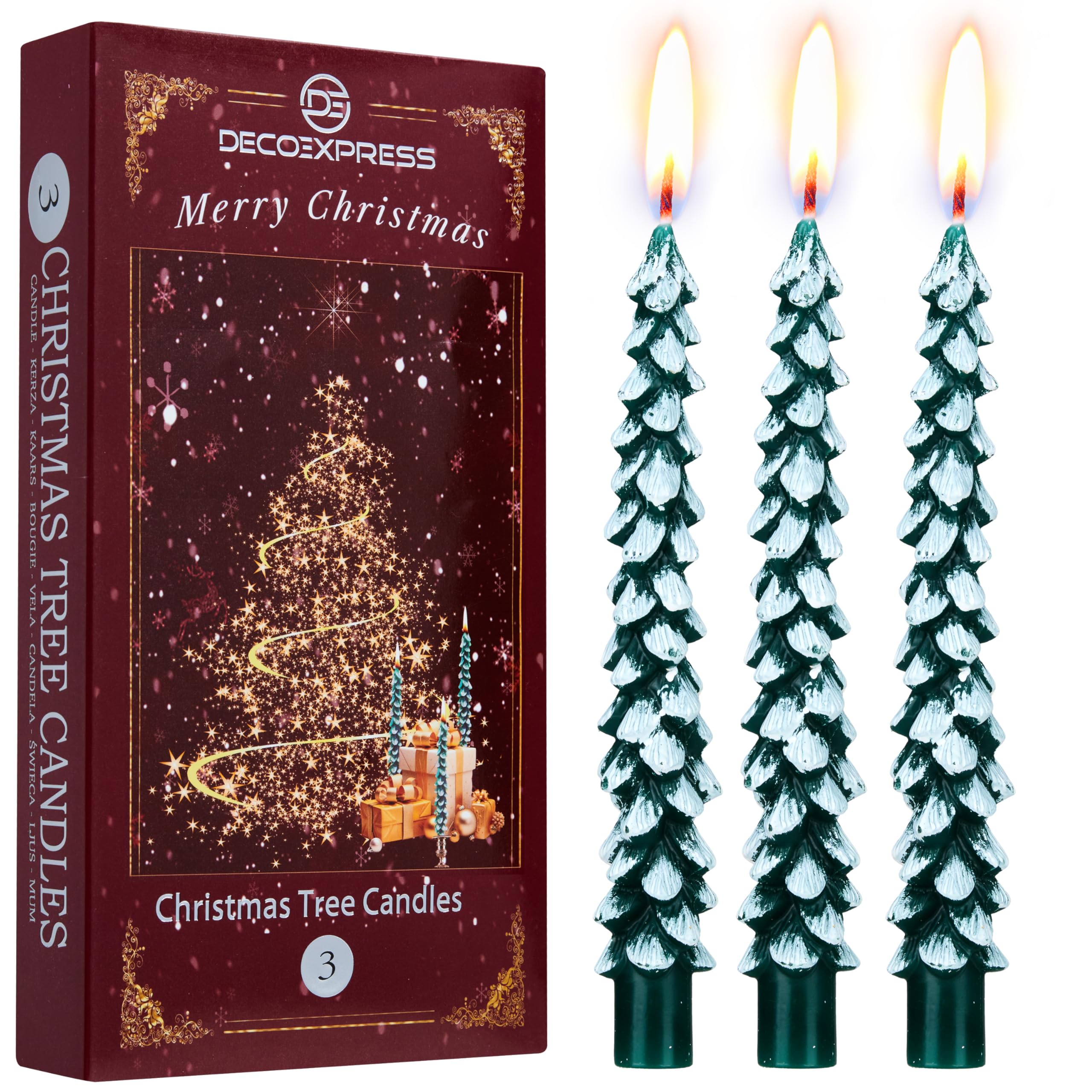 Deco Express Christmas Tree Candles Set of 3 or 6, Dinner Candles 7 Hr Burn, Table Centrepiece Festive Decor Xmas Holiday, Gift Set Home Decoration (Green/White, 3 Pcs)
